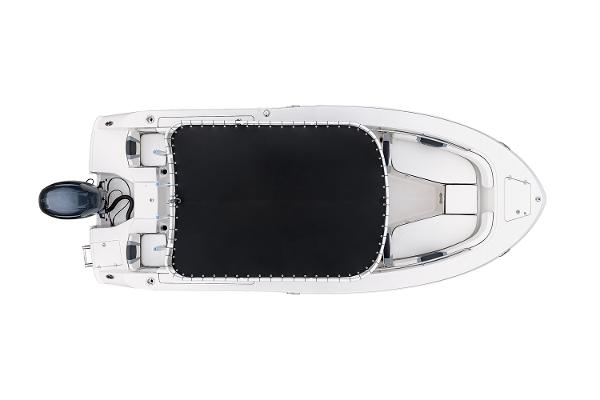 Manufacturer Provided Image: 2025 Robalo R200 Center Console boat, top view, sleek design, black and white color scheme.
