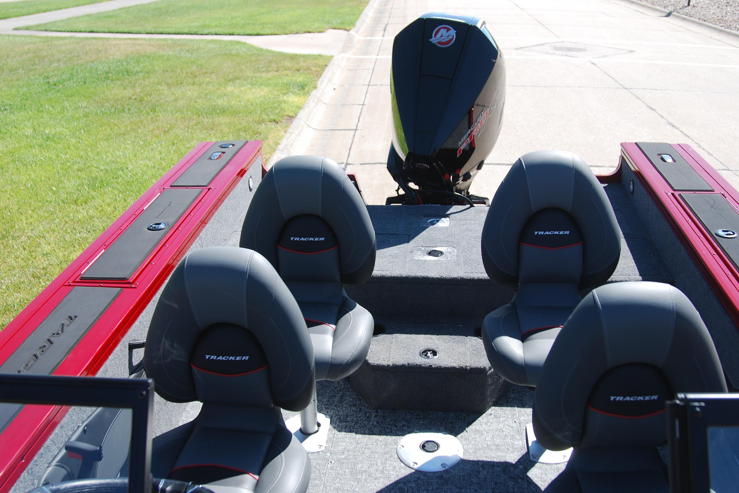 2026 Tracker Targa V-18 WT boat interior with four seats and outboard motor.