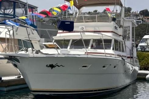 1980 Viking 43 Convertible yacht docked, adorned with colorful flags.