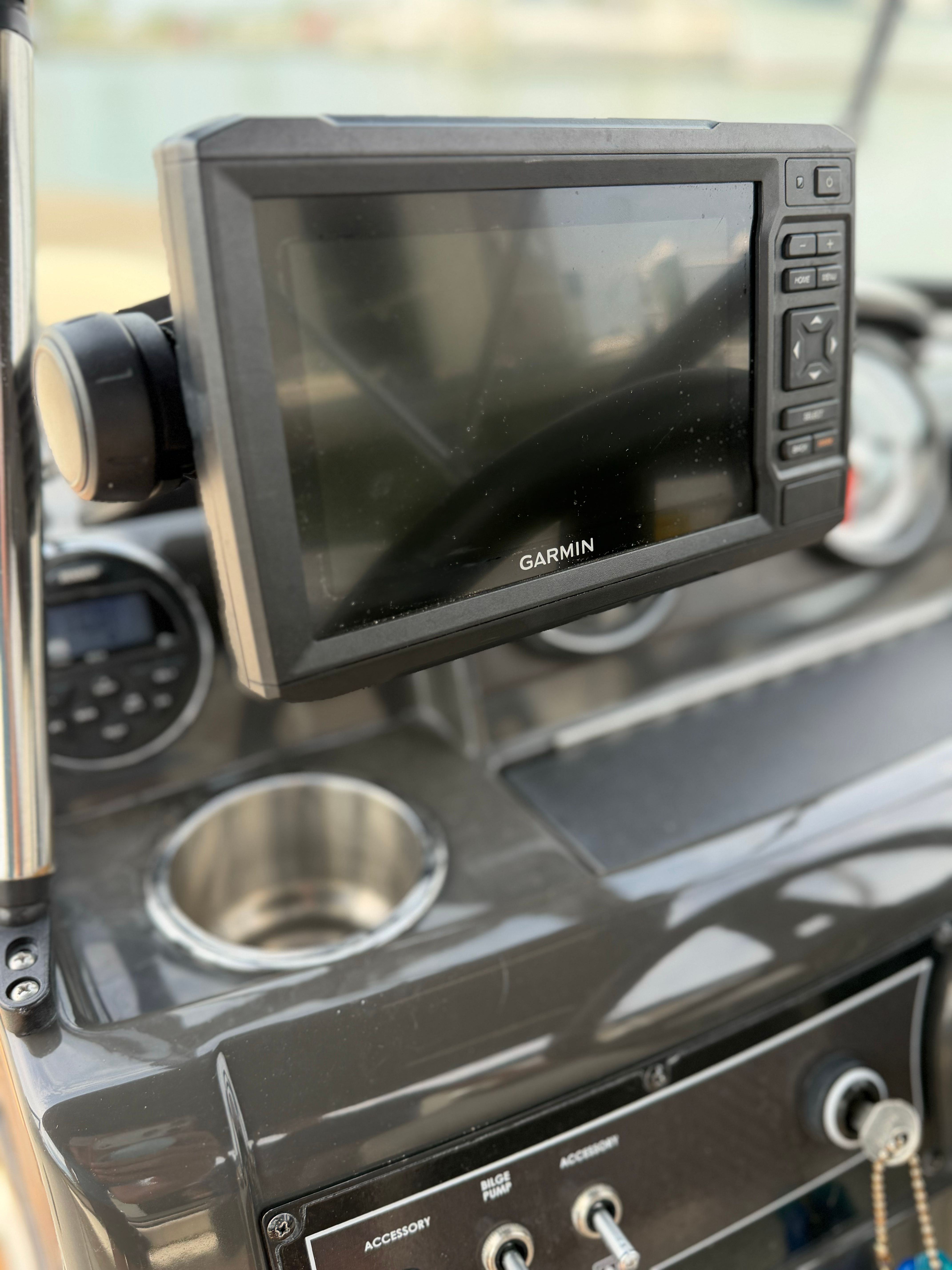 Close-up of a Garmin screen on a 2018 Bayliner 210 Deck Boat.