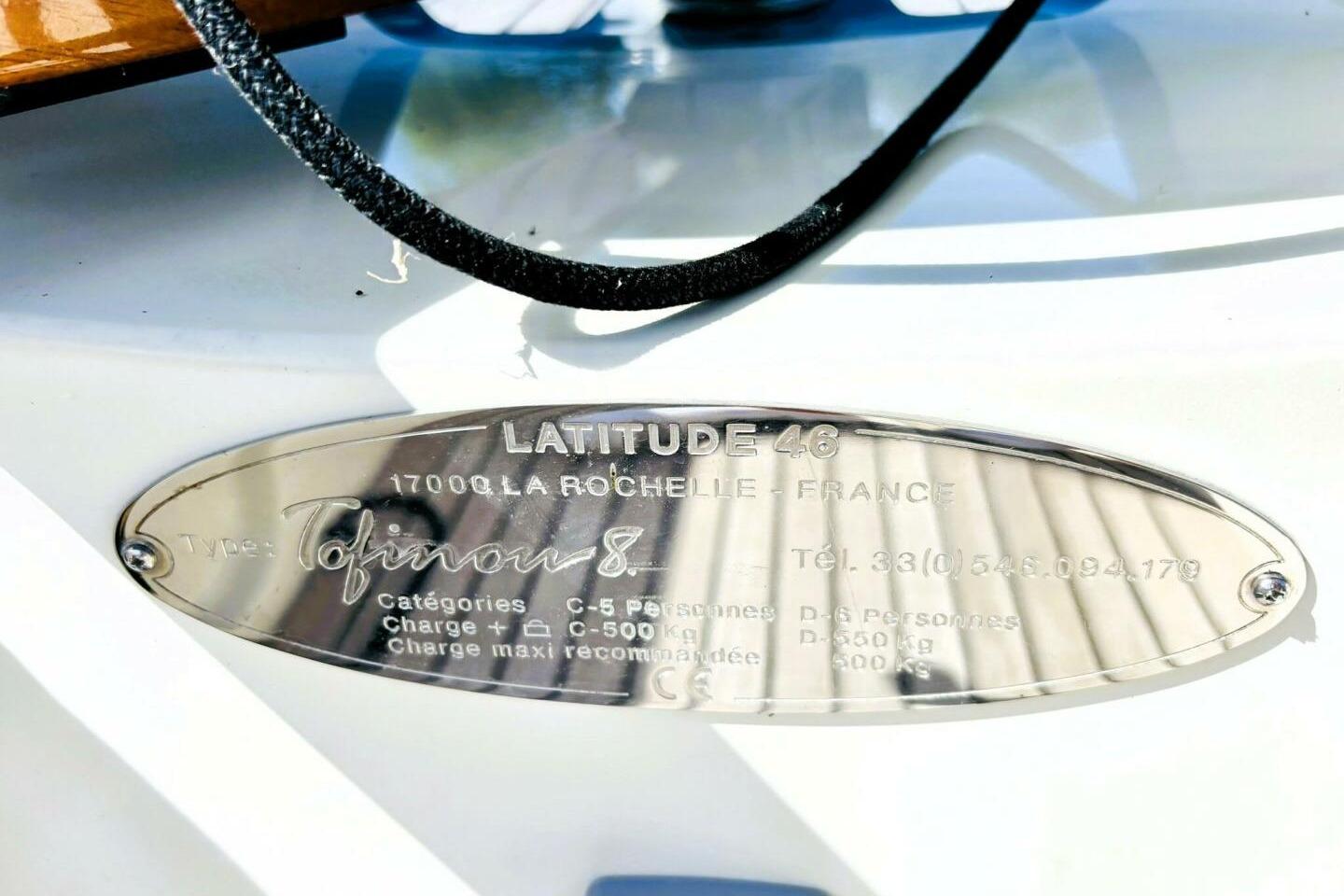 Plaque on 2016 Tofinou 8m sailboat, Latitude 46, La Rochelle, France.