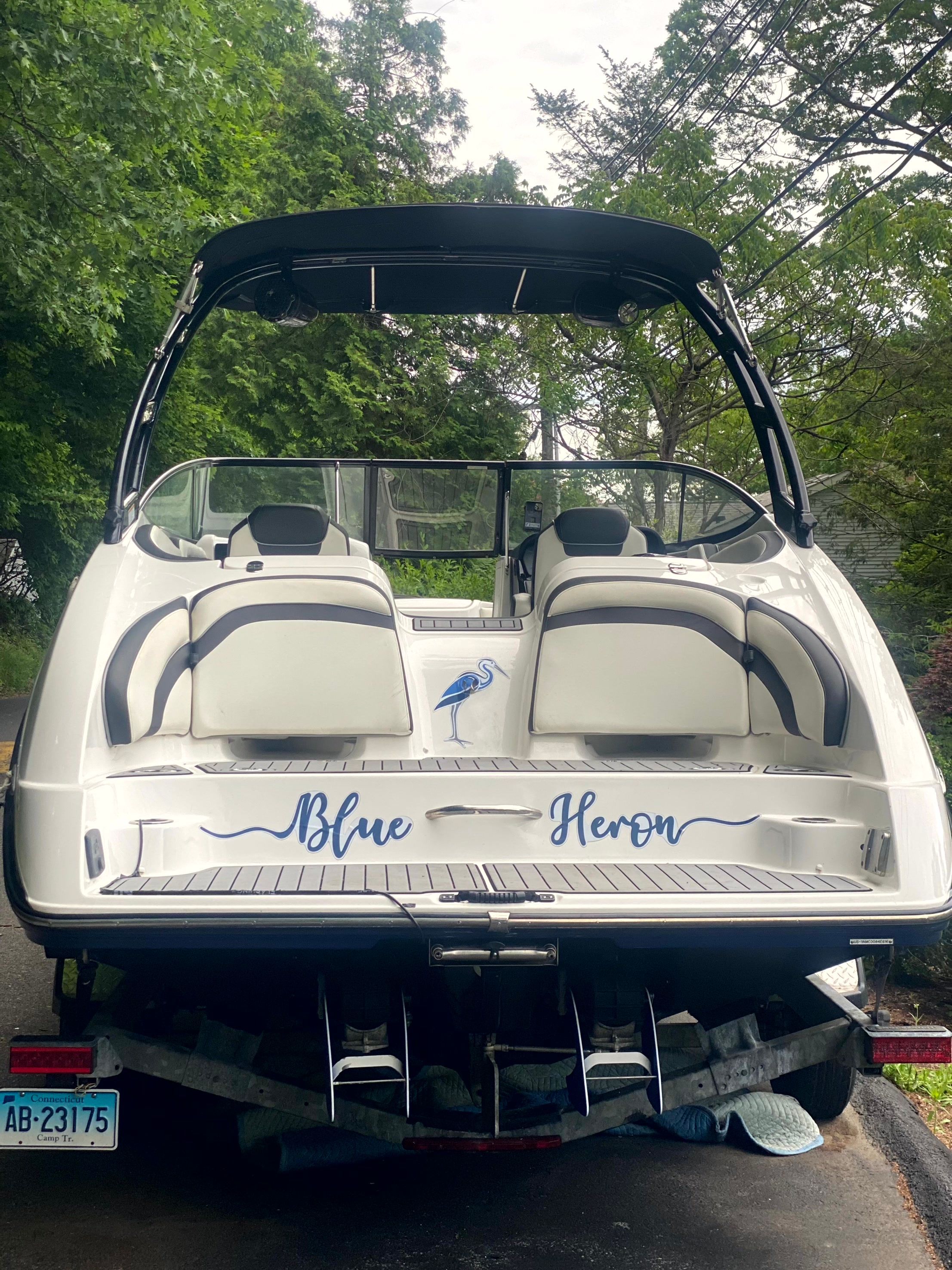 2016 Yamaha AR240 boat with "Blue Heron" lettering.