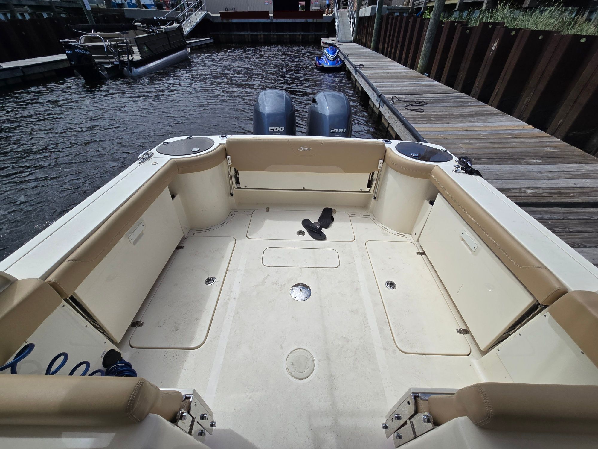 Interior view of a 2019 Scout 275 Dorado boat at dock.