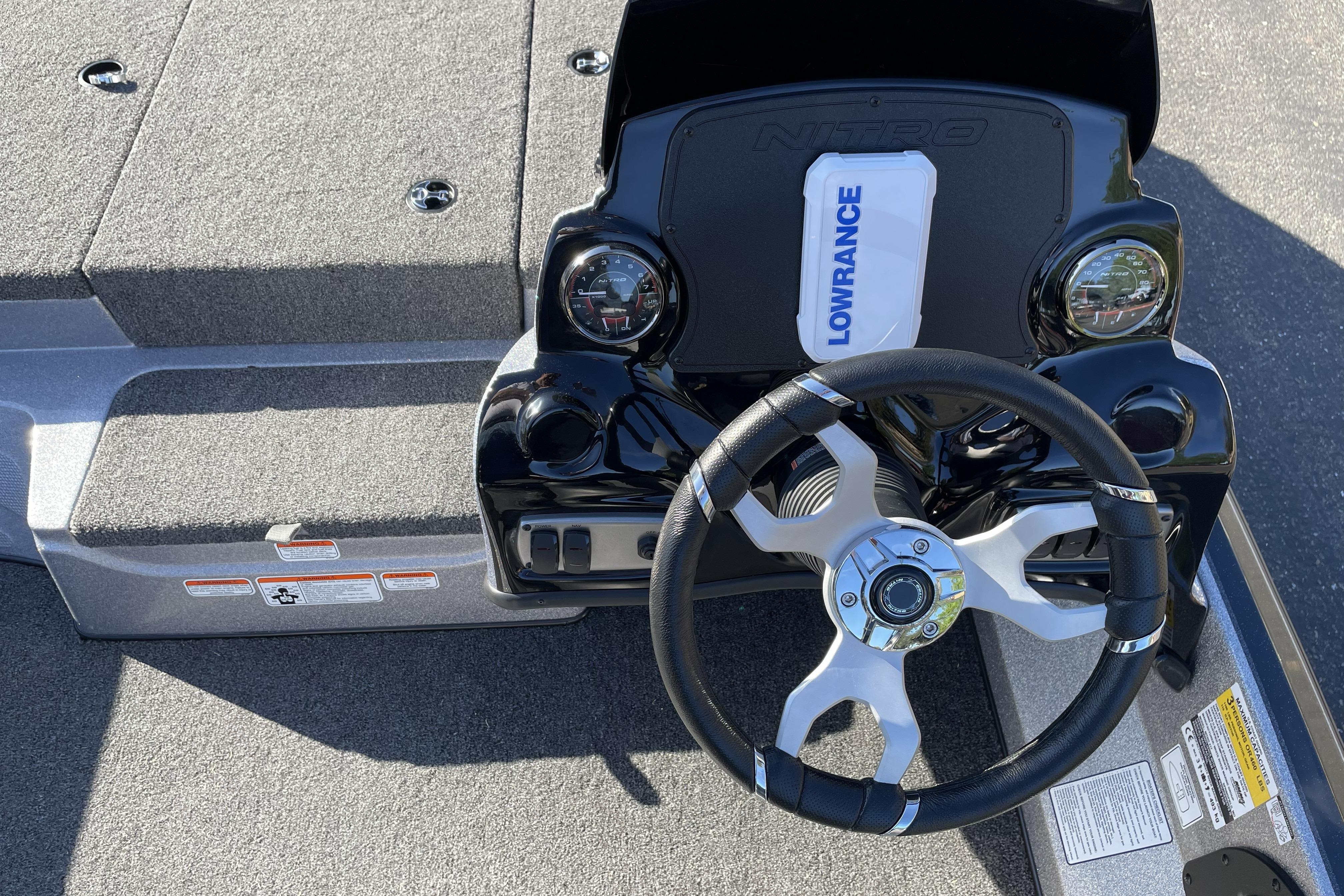 Steering console of 2026 Nitro Z17 boat with Lowrance device and gauges.