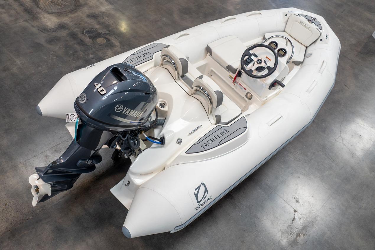2026 Zodiac Yachtline 360 inflatable boat with Yamaha 40 engine, viewed from above.