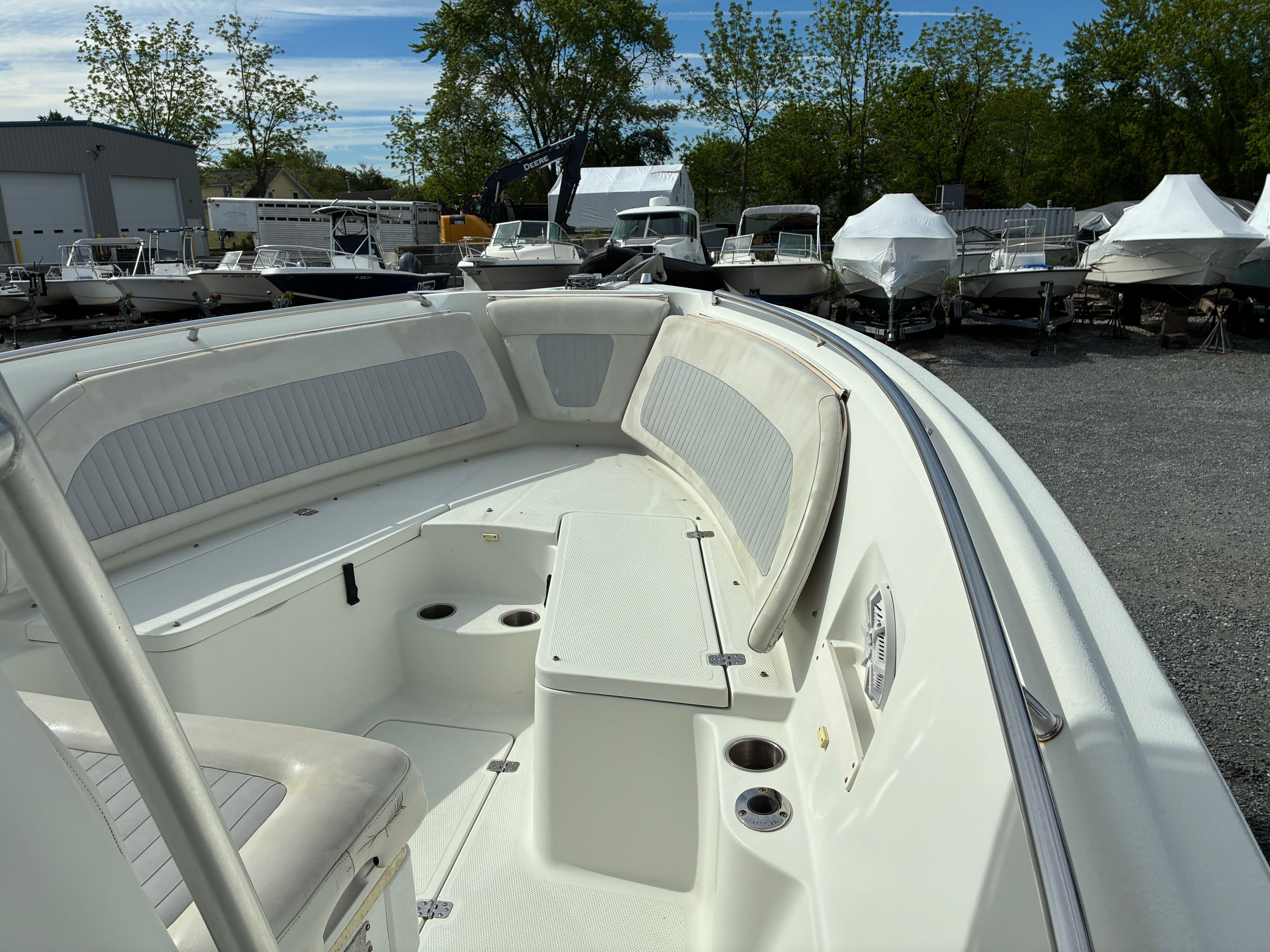 Interior view of a 2007 Sailfish 2660 boat in a marina.