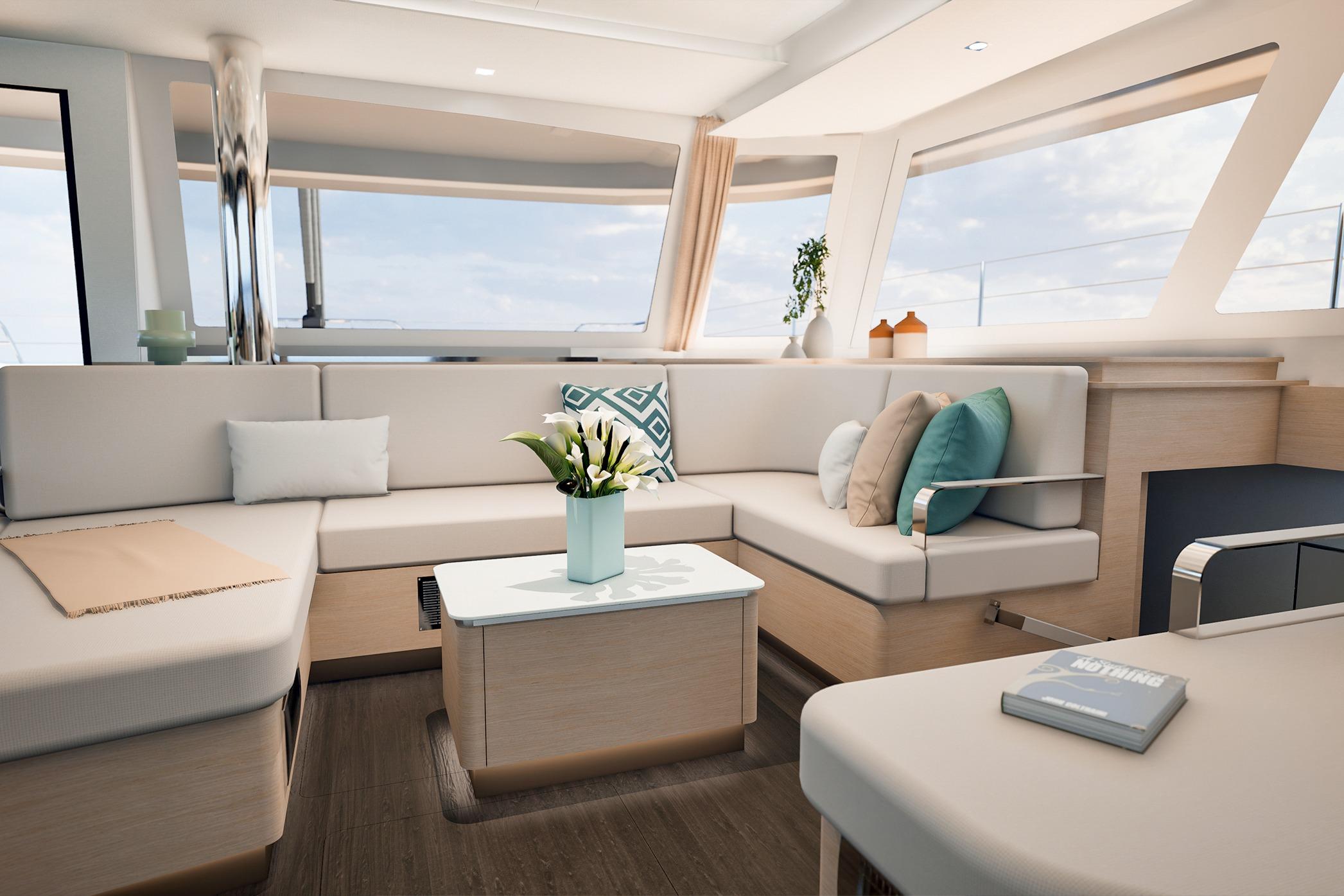Luxurious interior of 2026 Fountaine Pajot FP 55 yacht with modern seating and decor.