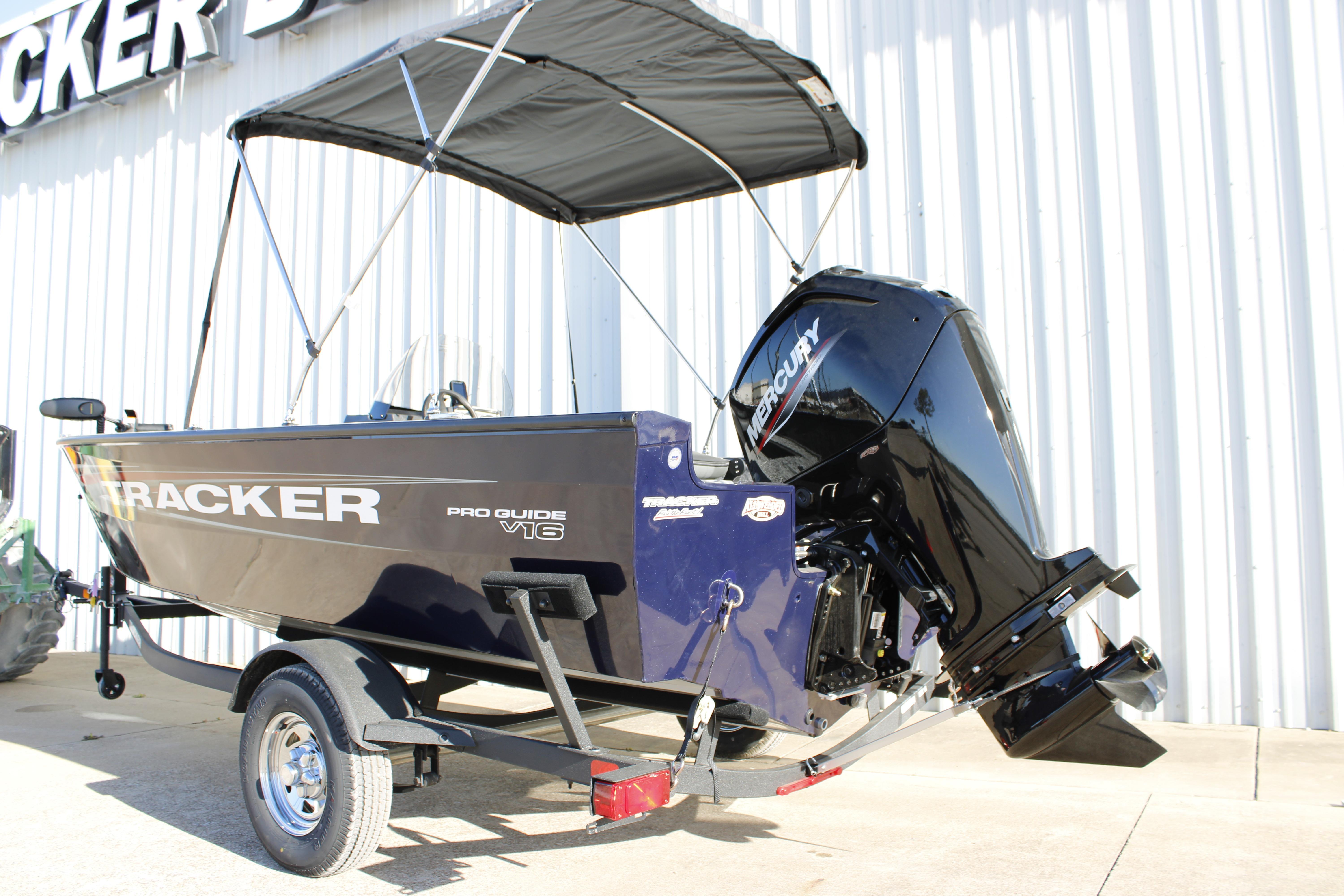2026 Tracker Pro Guide V-16 SC boat with Mercury engine on trailer.