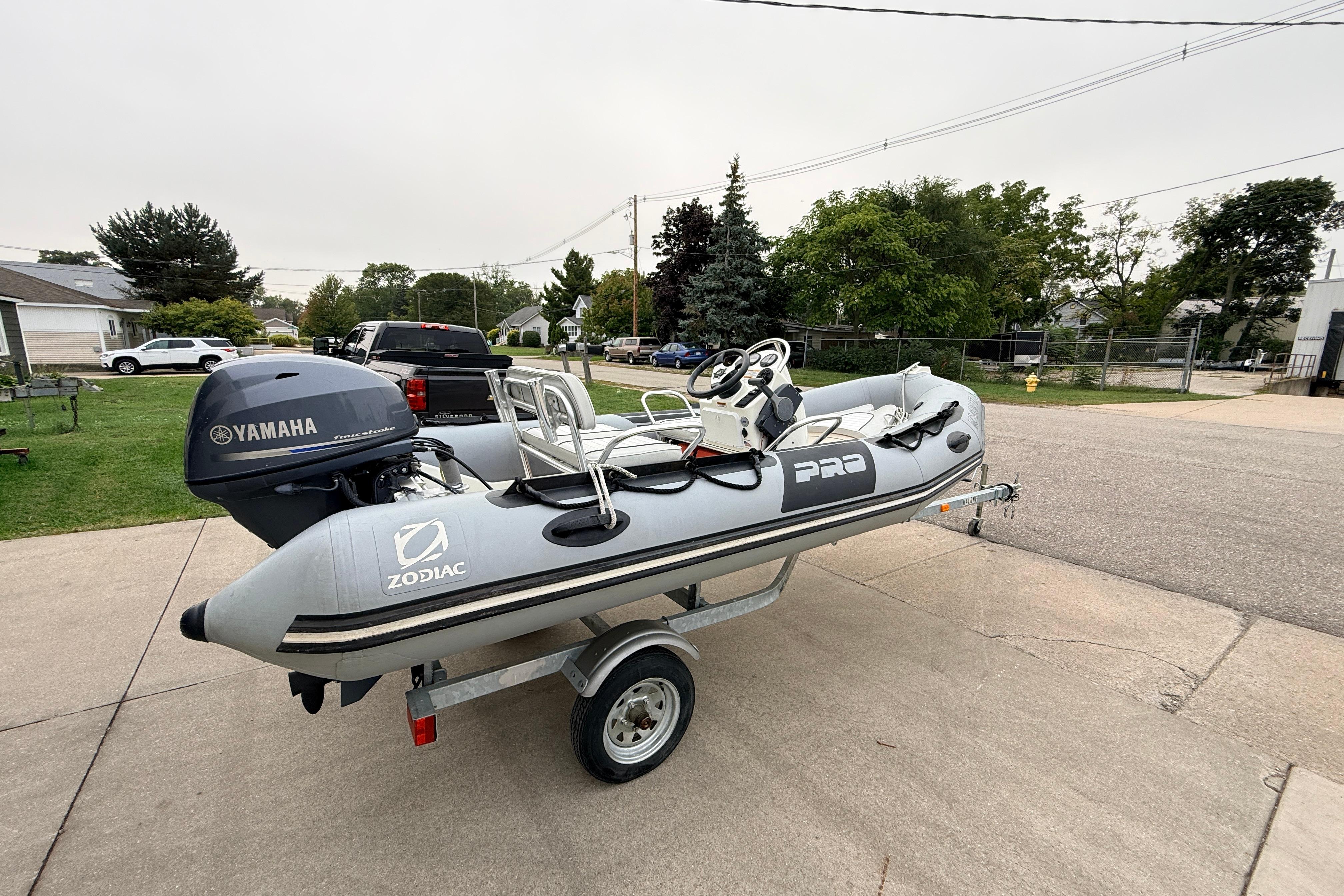 2014 Zodiac Pro Classic 420 inflatable boat on trailer with Yamaha outboard motor.