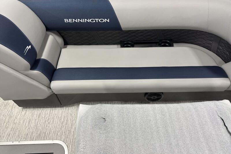 2026 Bennington 23 SSRSF boat interior with blue and gray seating.