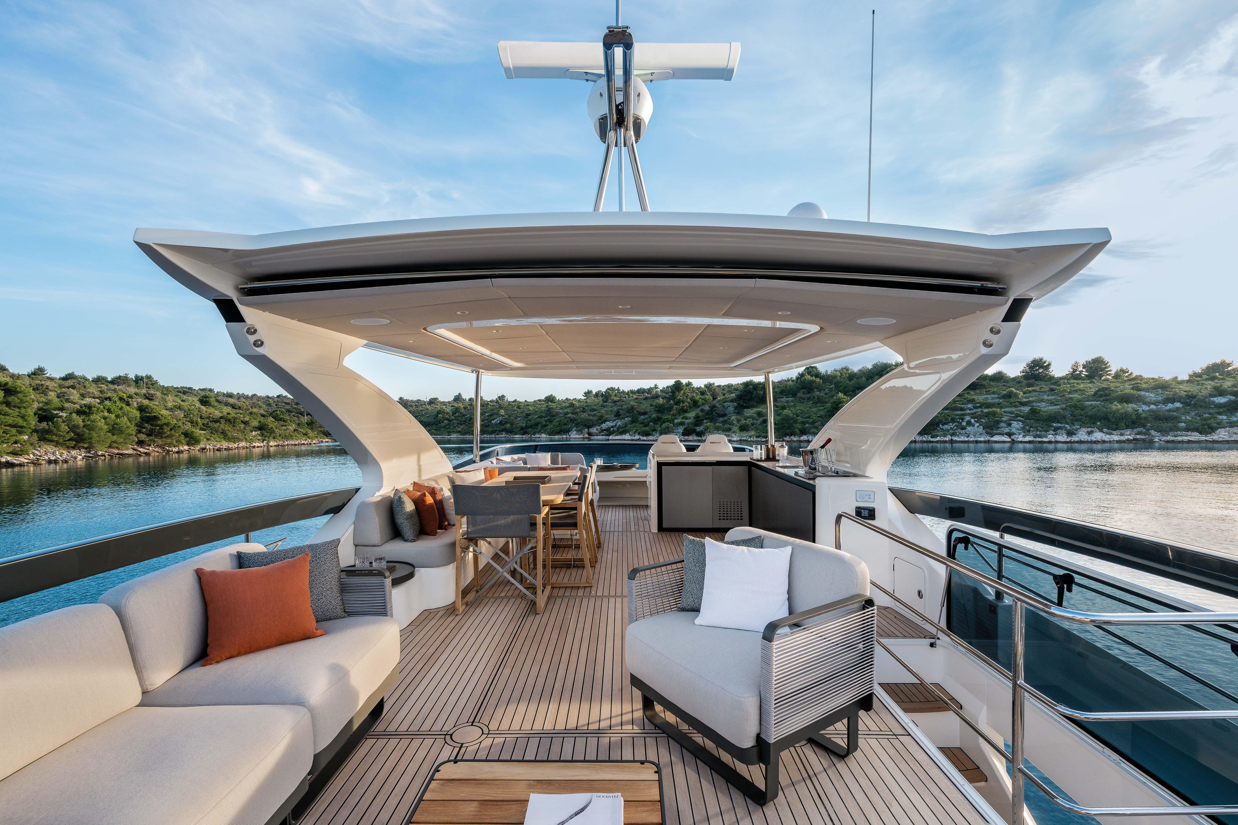 Luxurious yacht deck with elegant furniture overlooking calm waters.