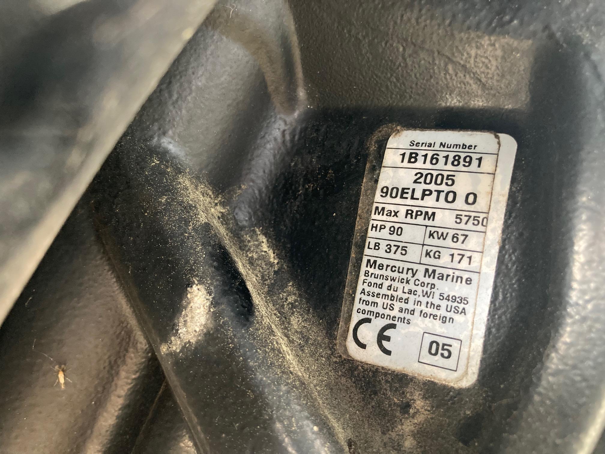 Label on Mercury Marine engine, serial number 1B161891, 90 HP, 2005 model.