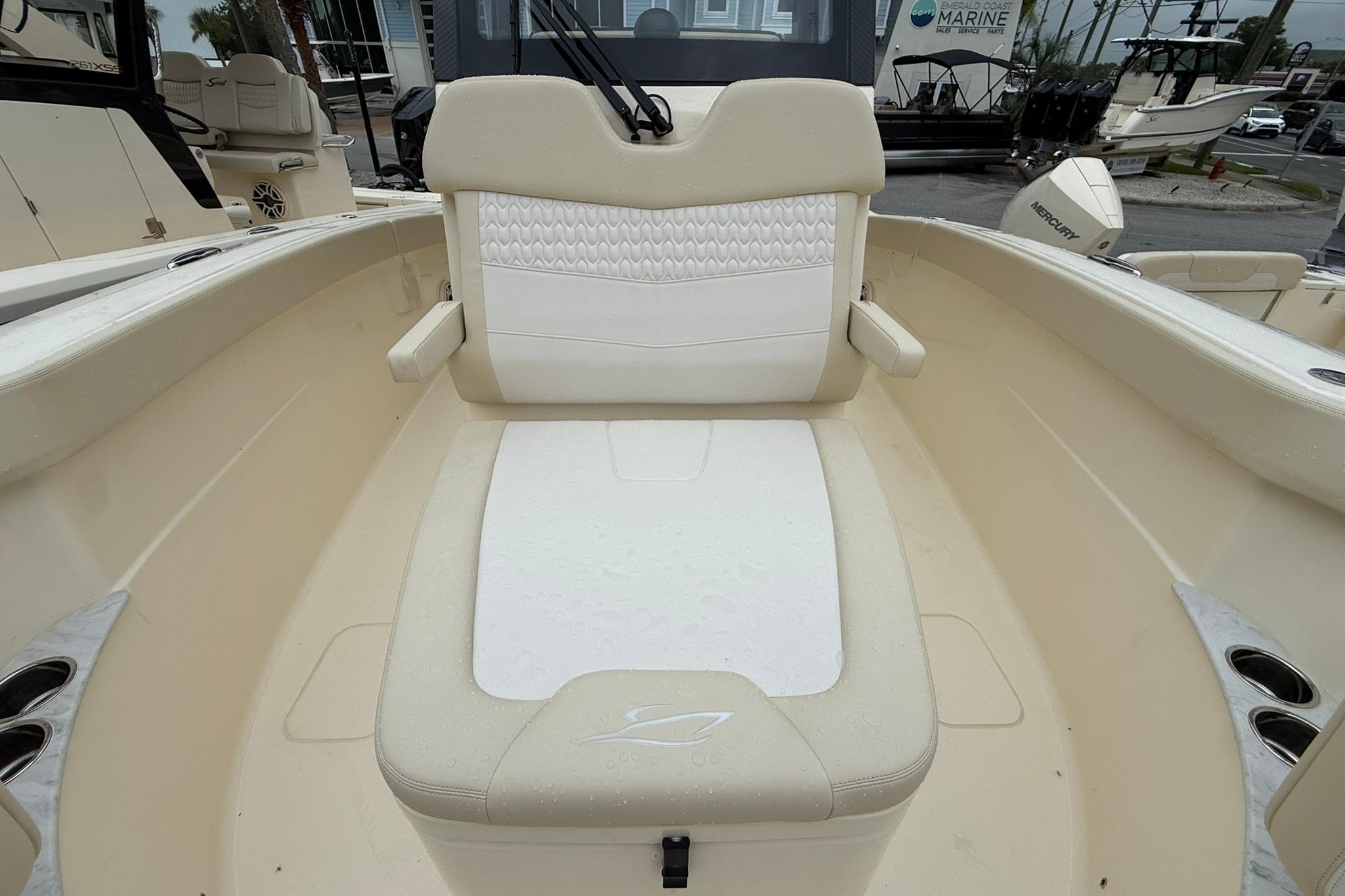 2026 Scout 260 LXF boat interior with cushioned seating and cup holders.