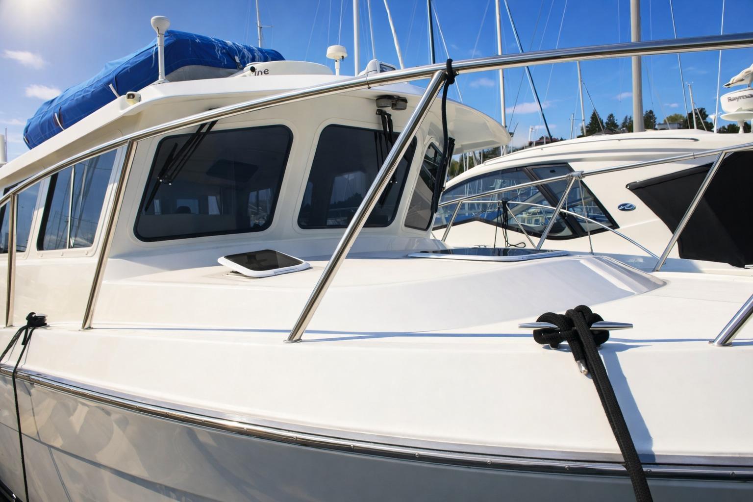 2005 Ocean Sport 30' boat docked at marina under clear blue sky.
