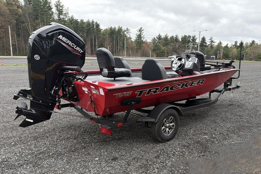 2026 Tracker Pro Team 175 boat with Mercury engine on trailer.