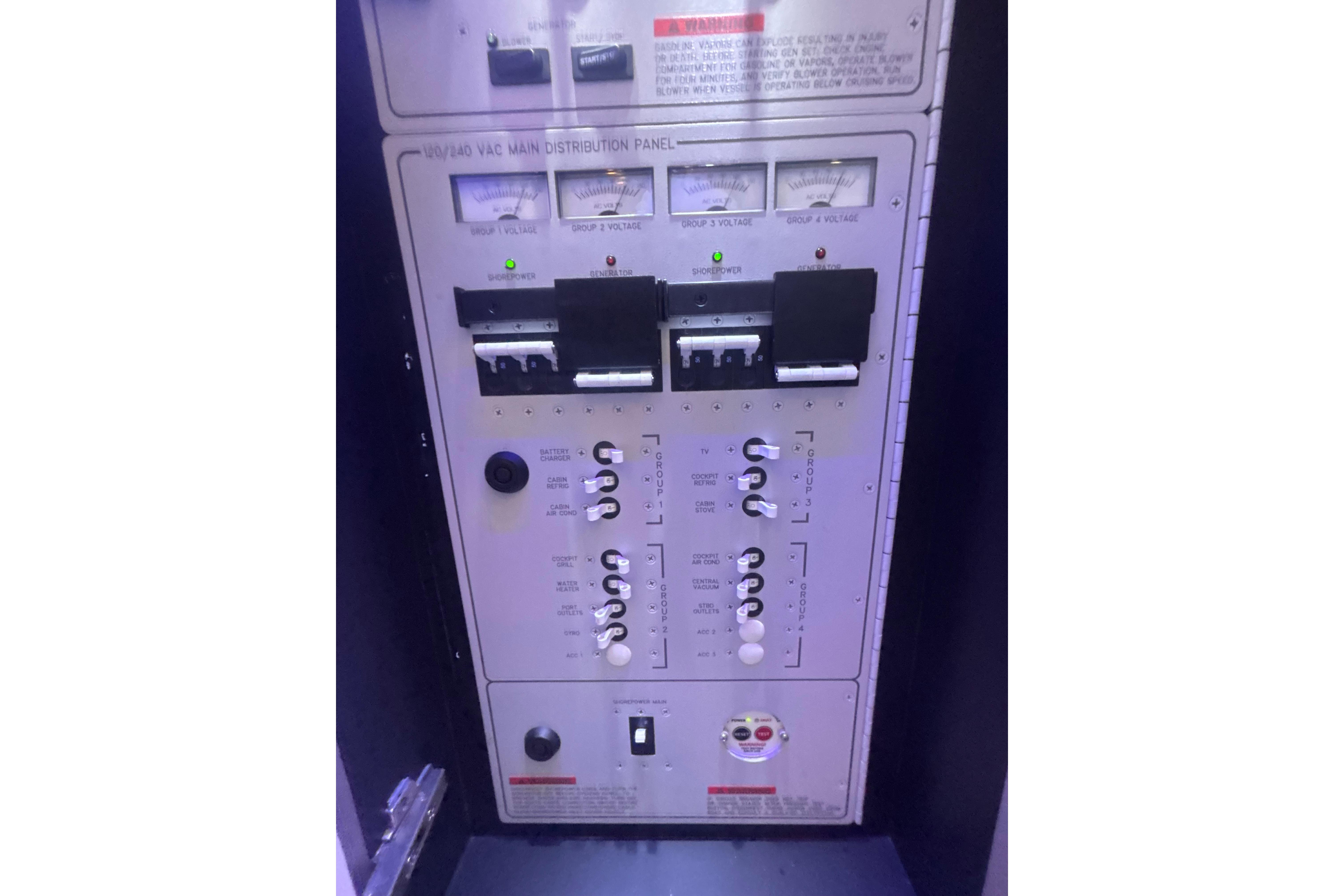 Electrical panel of 2019 Formula 430 Super Sport Crossover boat, featuring voltage meters and switches.