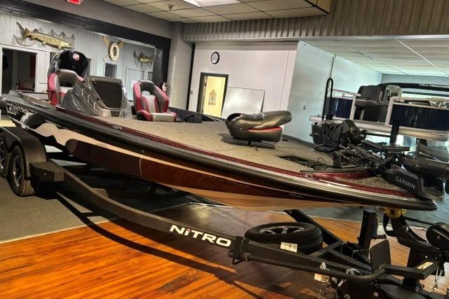 2026 Nitro Z20 XL Pro bass boat displayed indoors on a trailer.