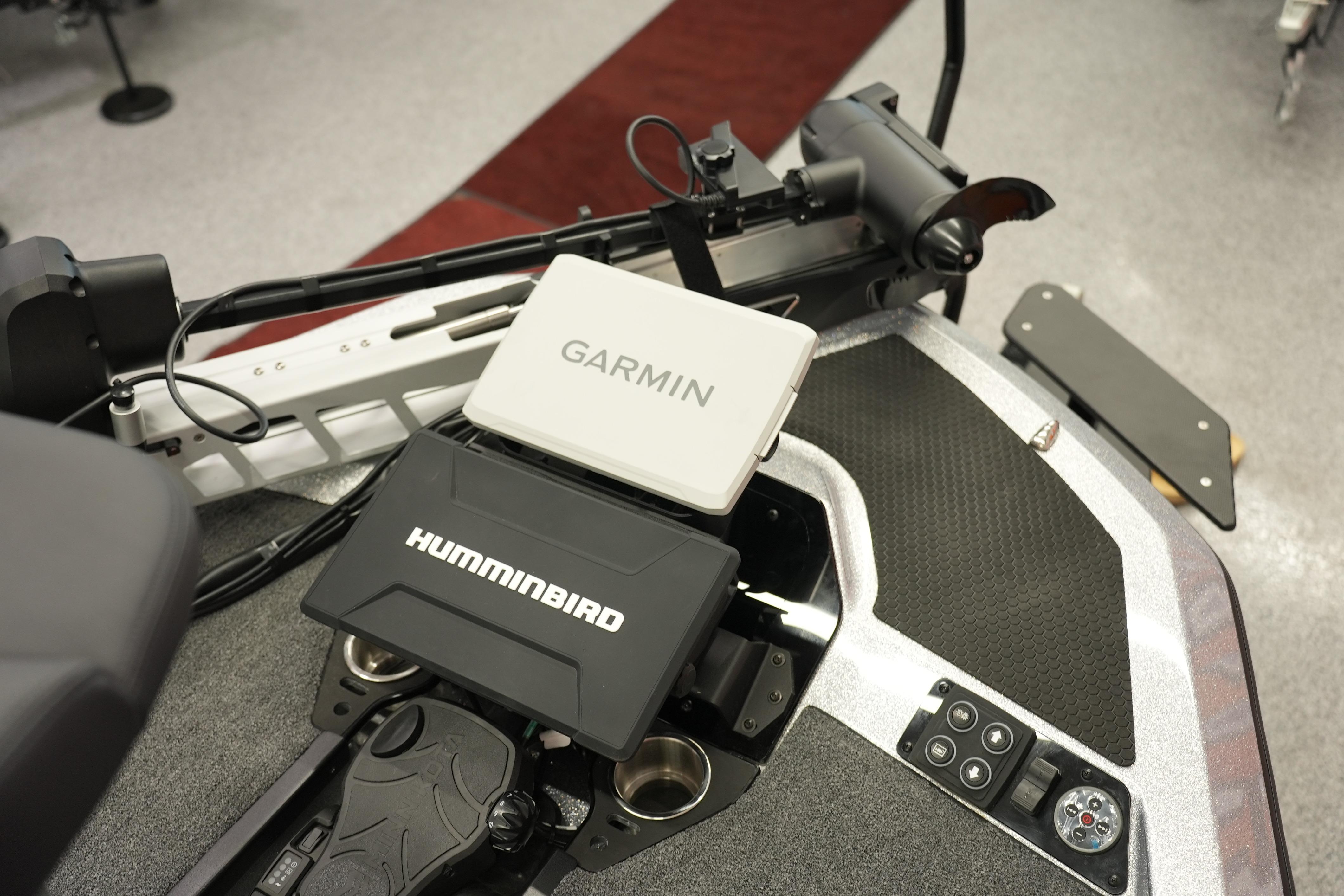 Fishing boat dashboard with Garmin and Humminbird electronics, iKon LXE20, 2026 model.