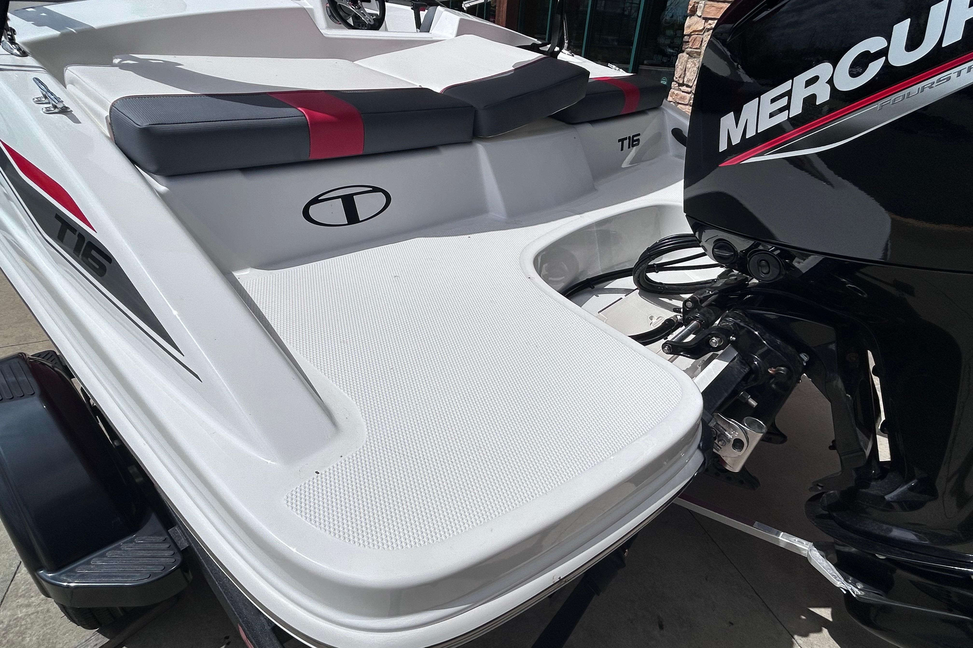 2026 Tahoe T16 boat with Mercury engine, featuring sleek design and comfortable seating.