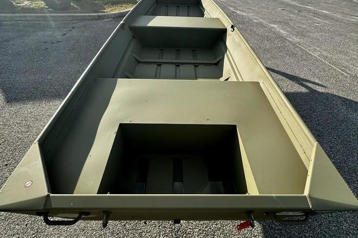 2026 Tracker Grizzly 14 Jon boat, olive green, spacious interior, sturdy design.