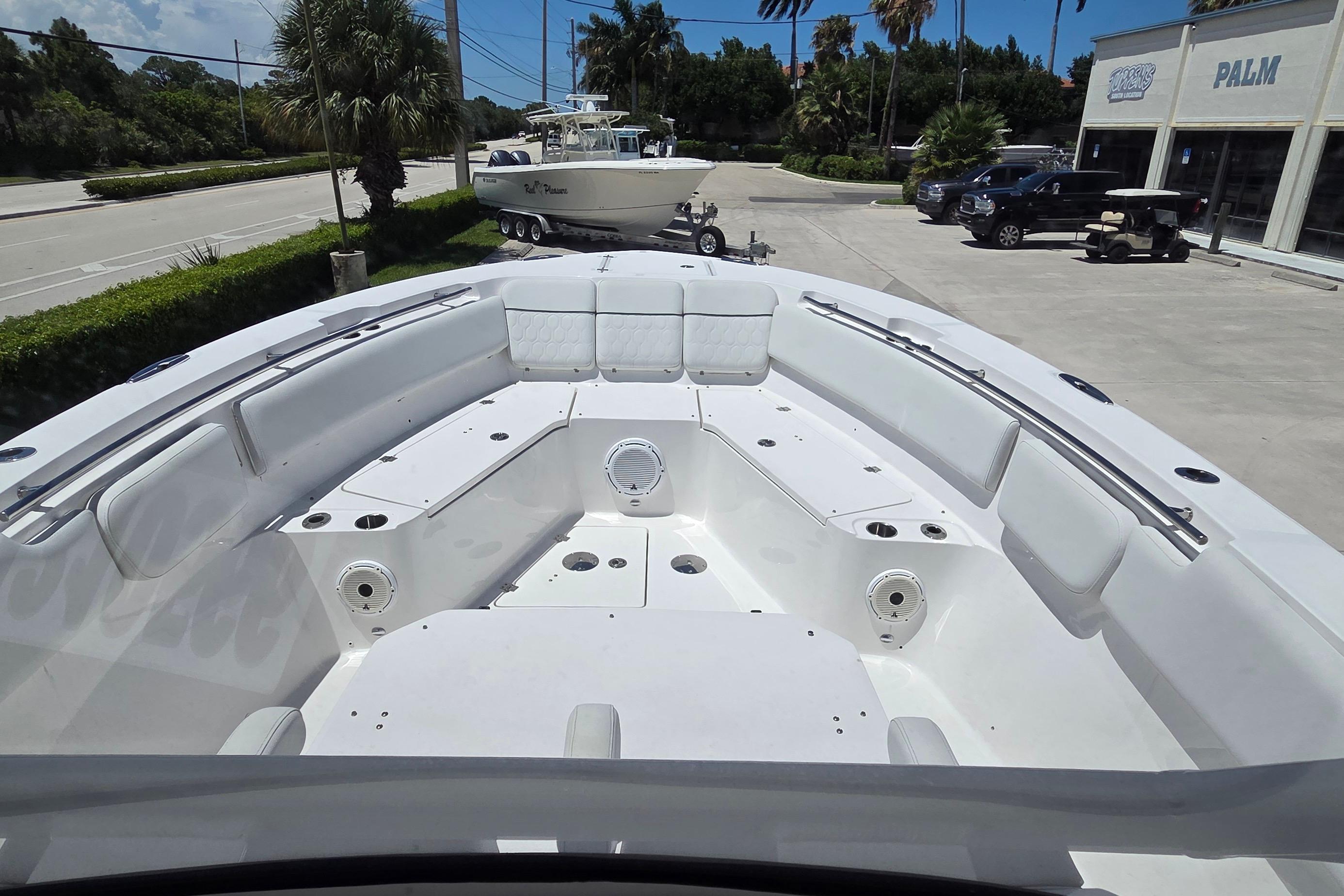 2021 Sea Fox 328 Commander boat interior with spacious seating and storage compartments.