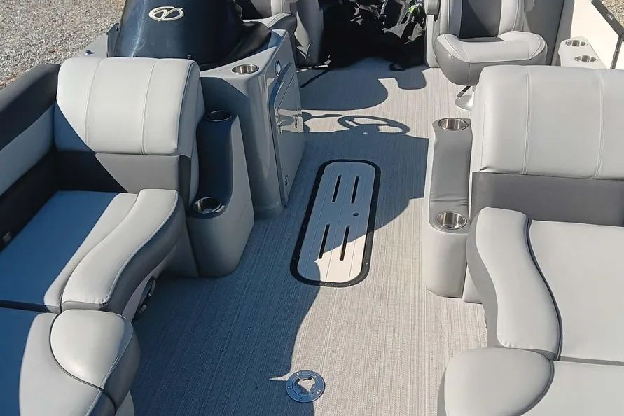 Interior of a 2021 Veranda VR22RC pontoon boat with gray seating.