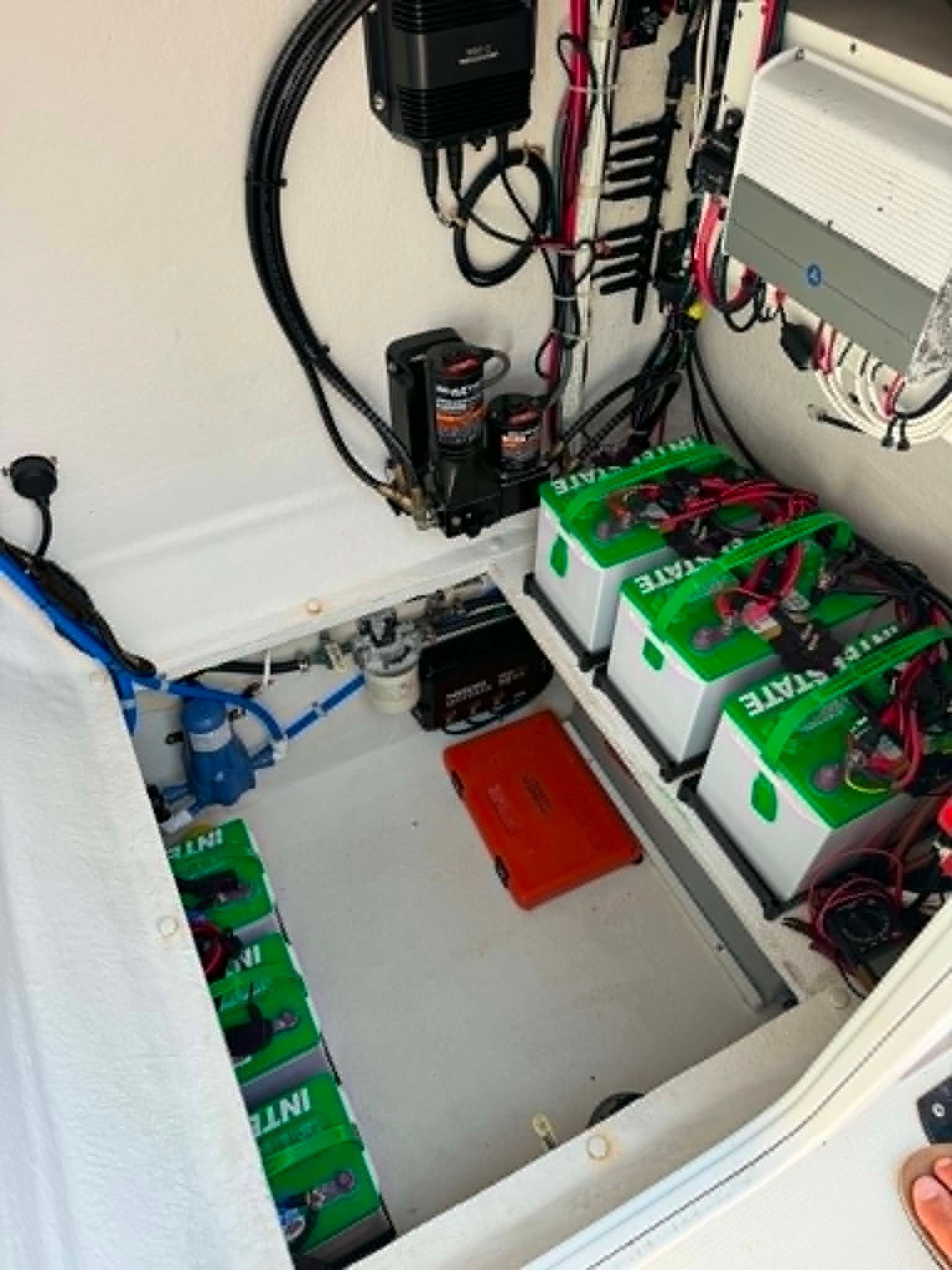 Battery compartment of Dusky 278 XFT boat, 2023 model.
