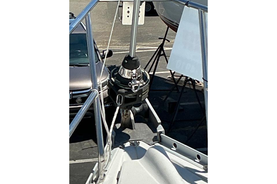 Bow of a 2000 Beneteau Oceanis 321 sailboat with anchor and furling system.