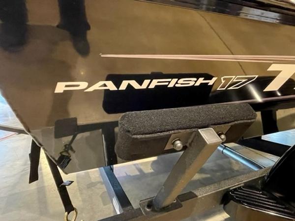 2025 Tracker Panfish 17 boat detail, showcasing model name on black hull.