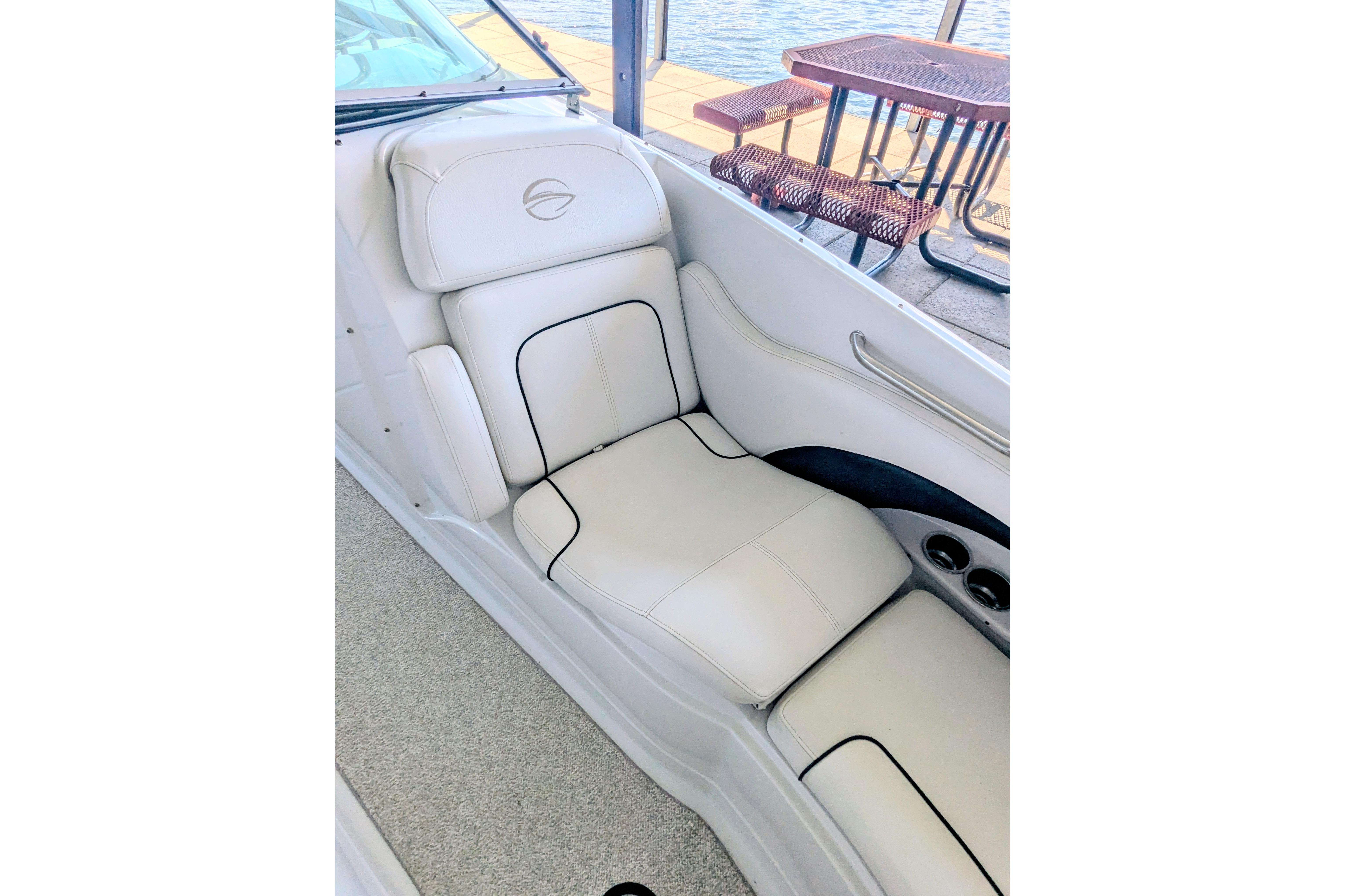 2008 Crownline 300 LS boat interior with white leather seating.