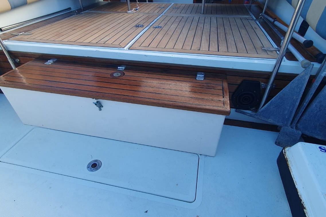 Teak deck and storage on 1989 Fairey Spearfish MKIII boat.