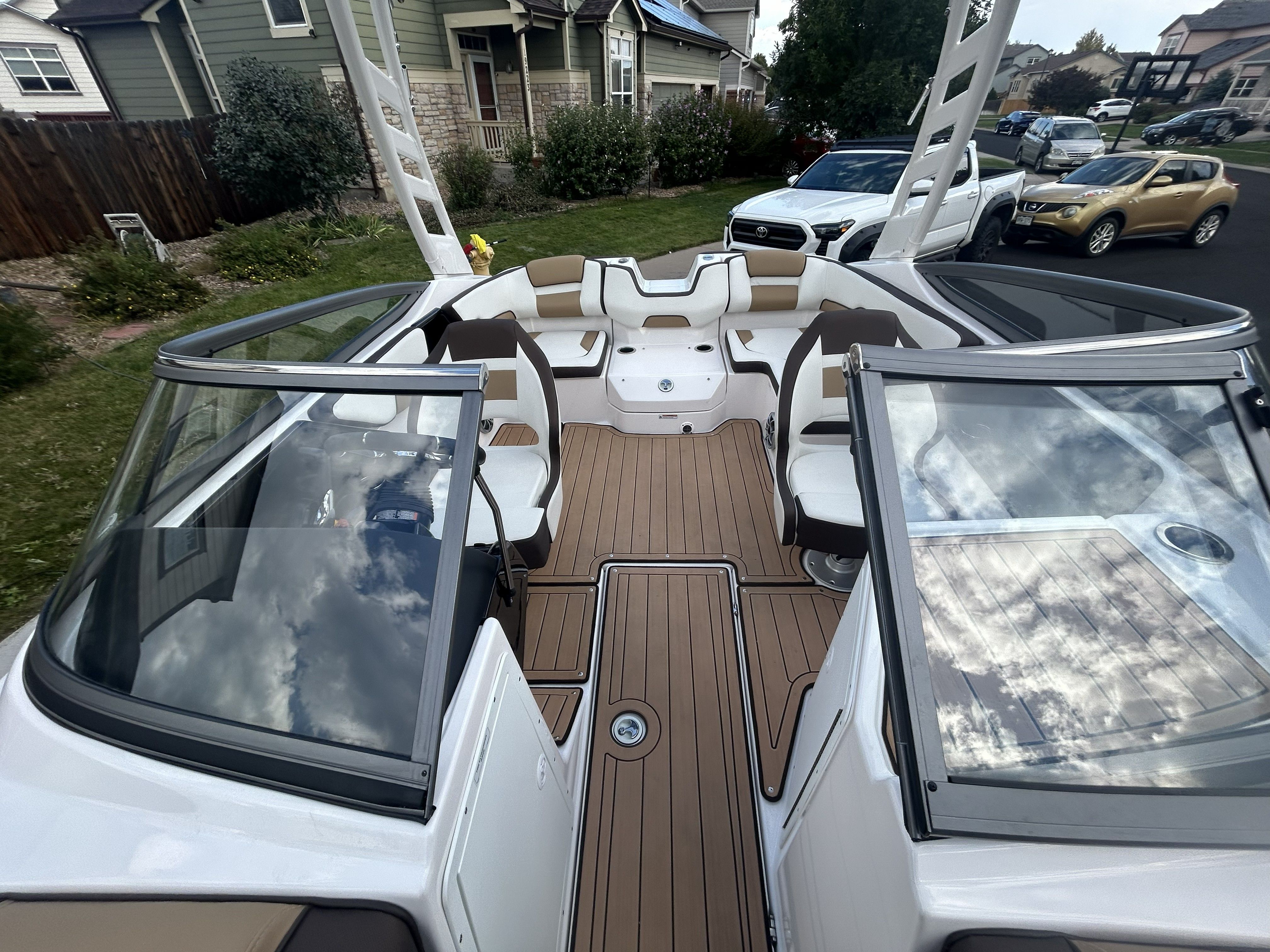 Interior view of a 2022 Yamaha Boats 195S with modern seating.