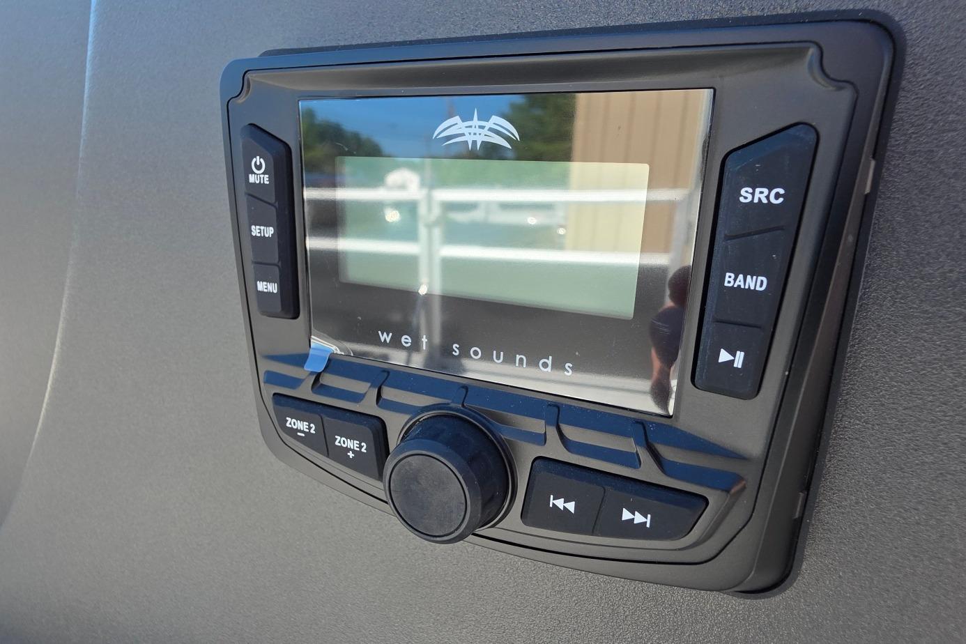 Close-up of a Wet Sounds audio system in a 2026 Sun Tracker BB 16 XLS boat.