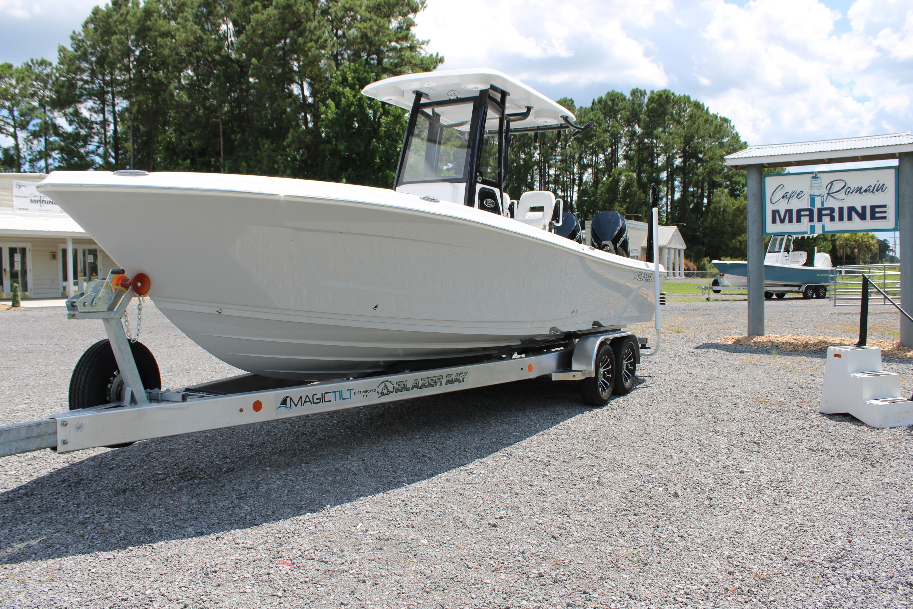 2027 Blazer Bay Makaira 2800 boat on trailer at Cape Romain Marine dealership.