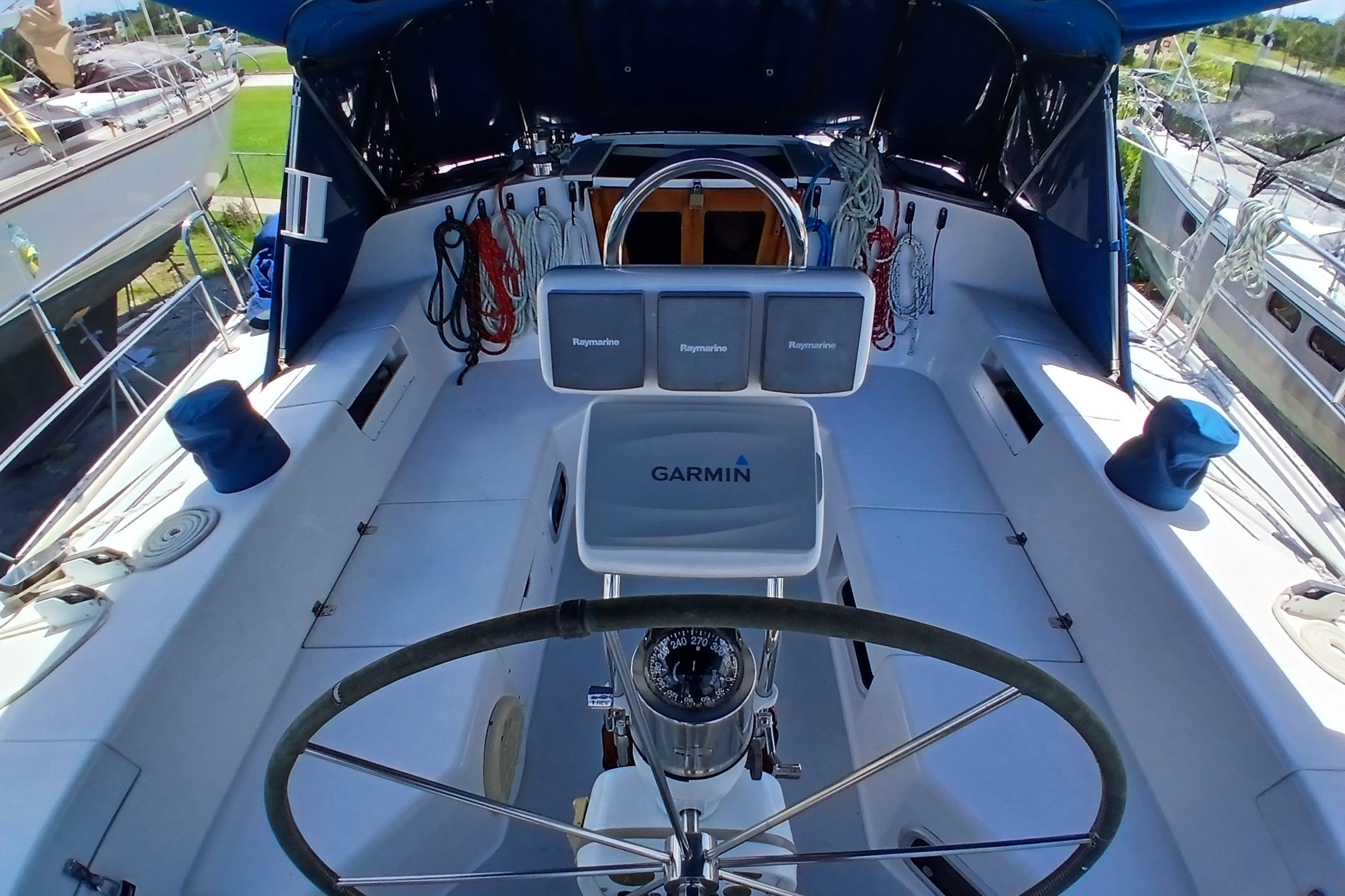Cockpit of a 1995 Catalina 42 MkII sailboat with Garmin navigation equipment.