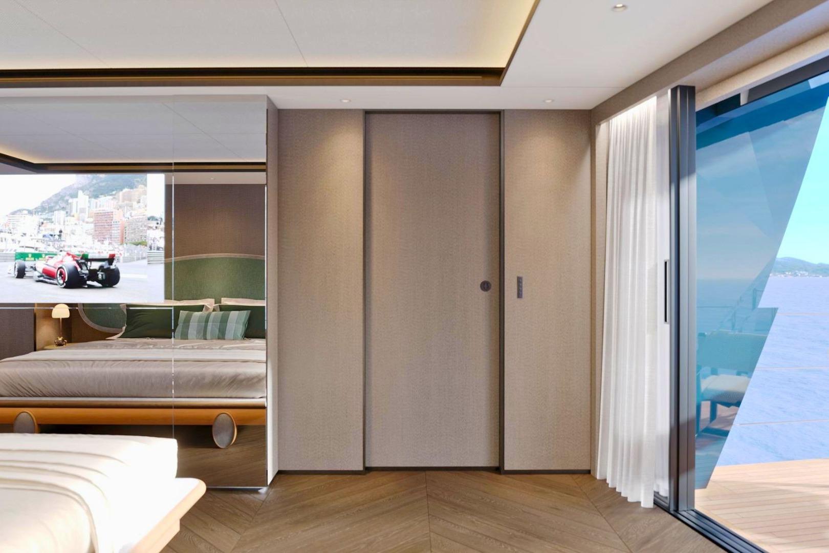 Luxurious Sanlorenzo 500EXP yacht interior, featuring modern bedroom with ocean view, 2026 model.
