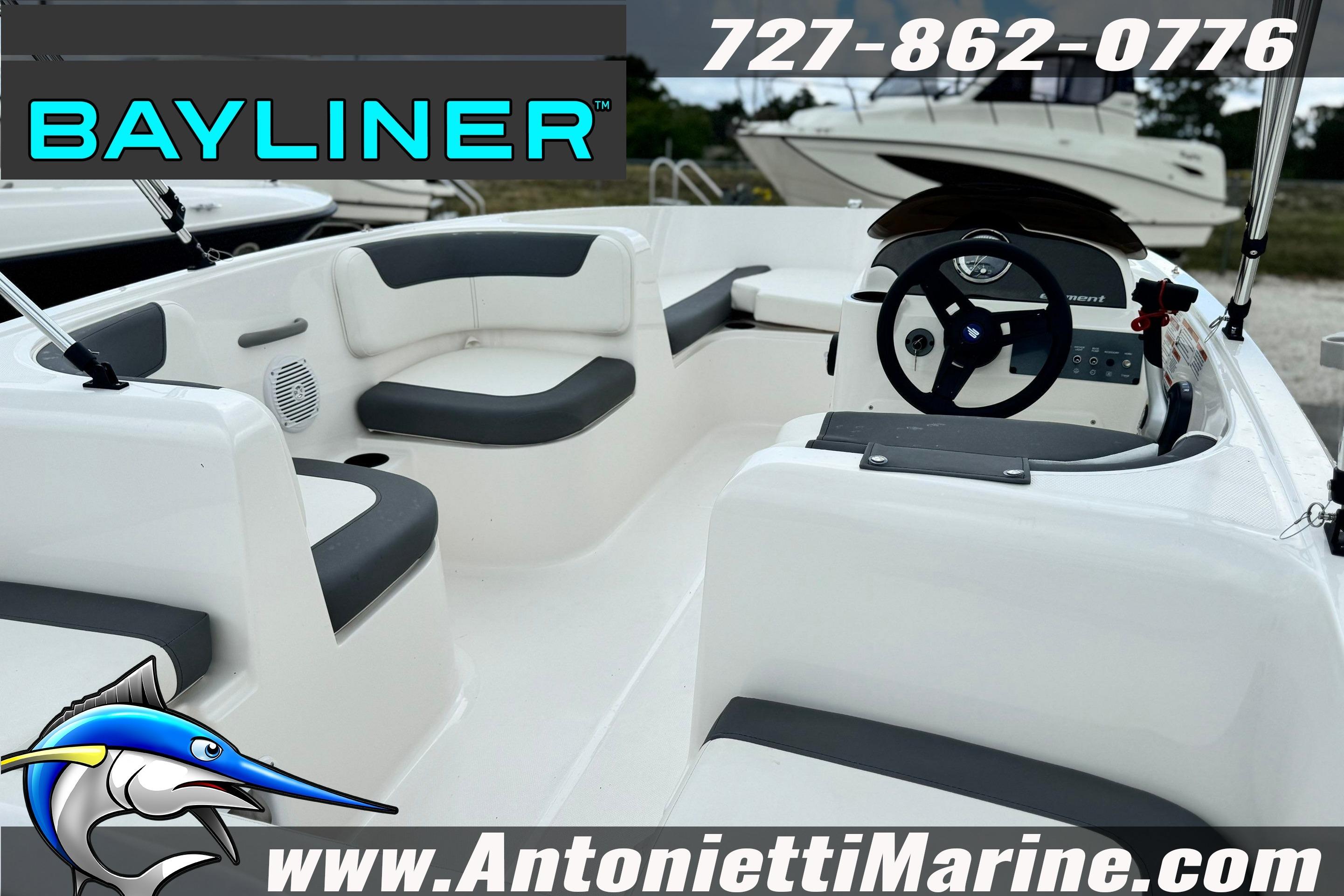 2026 Bayliner Element E16 boat interior with seating and steering wheel, Antonietti Marine branding.