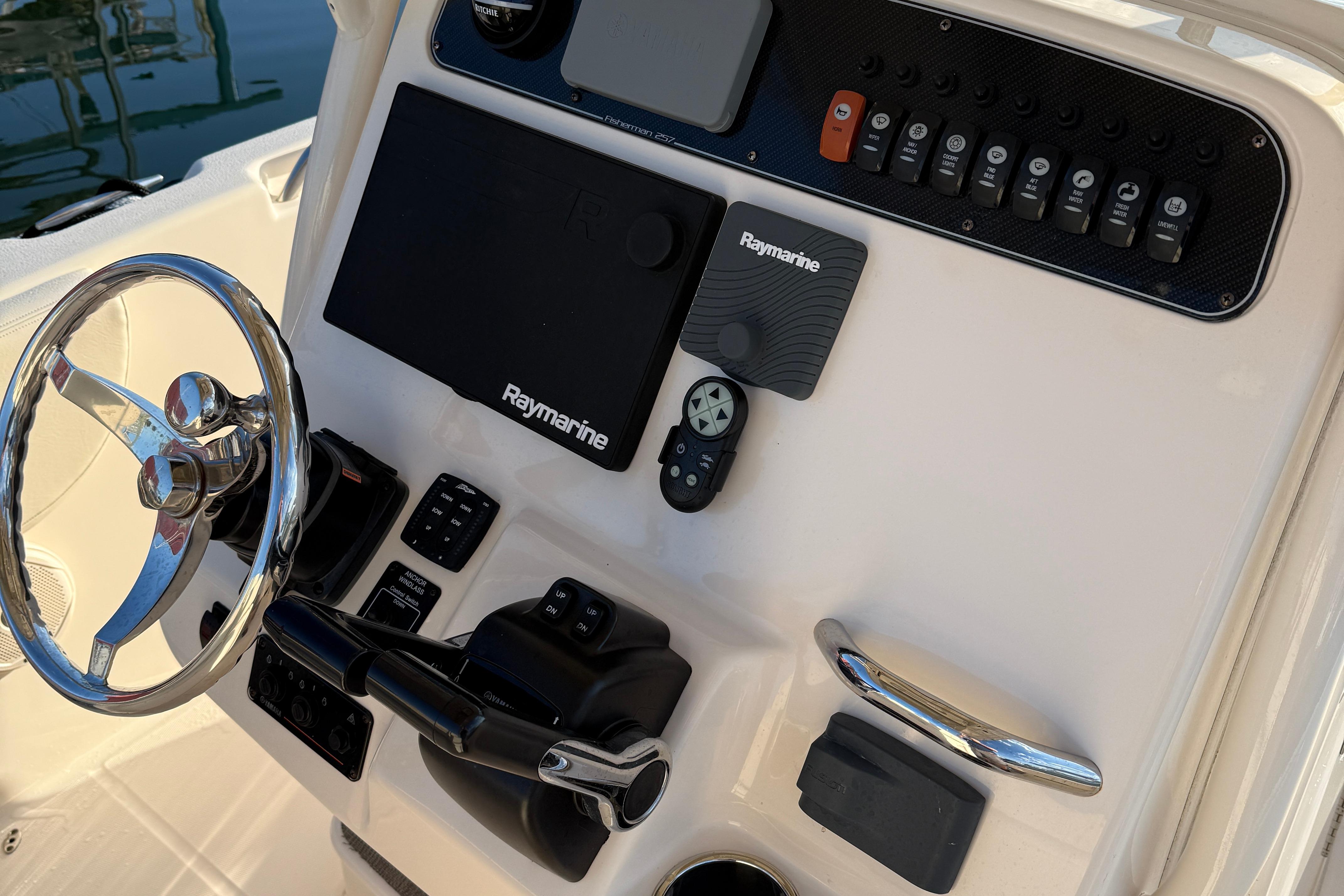 Control panel of 2017 Grady White 257 Fisherman boat with Raymarine electronics.