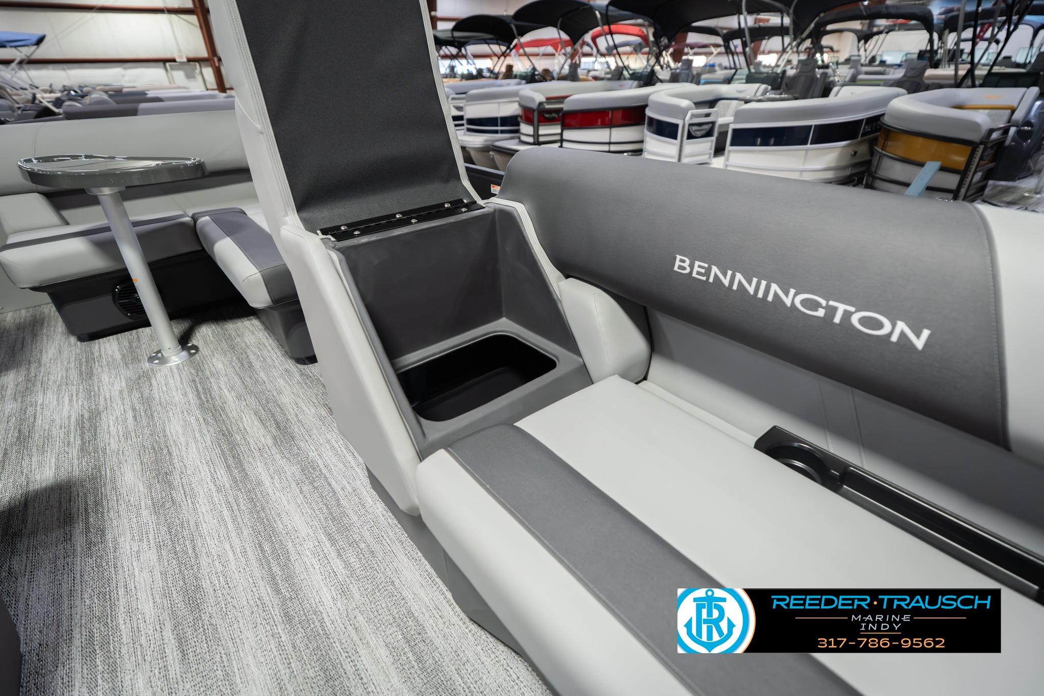 2026 Bennington 188 SLJ boat interior with open storage compartment and seating.