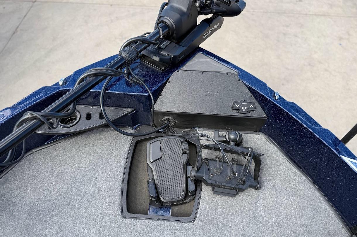 Nitro ZV21 Pro 2026 boat dashboard with Garmin equipment and foot pedal controls.