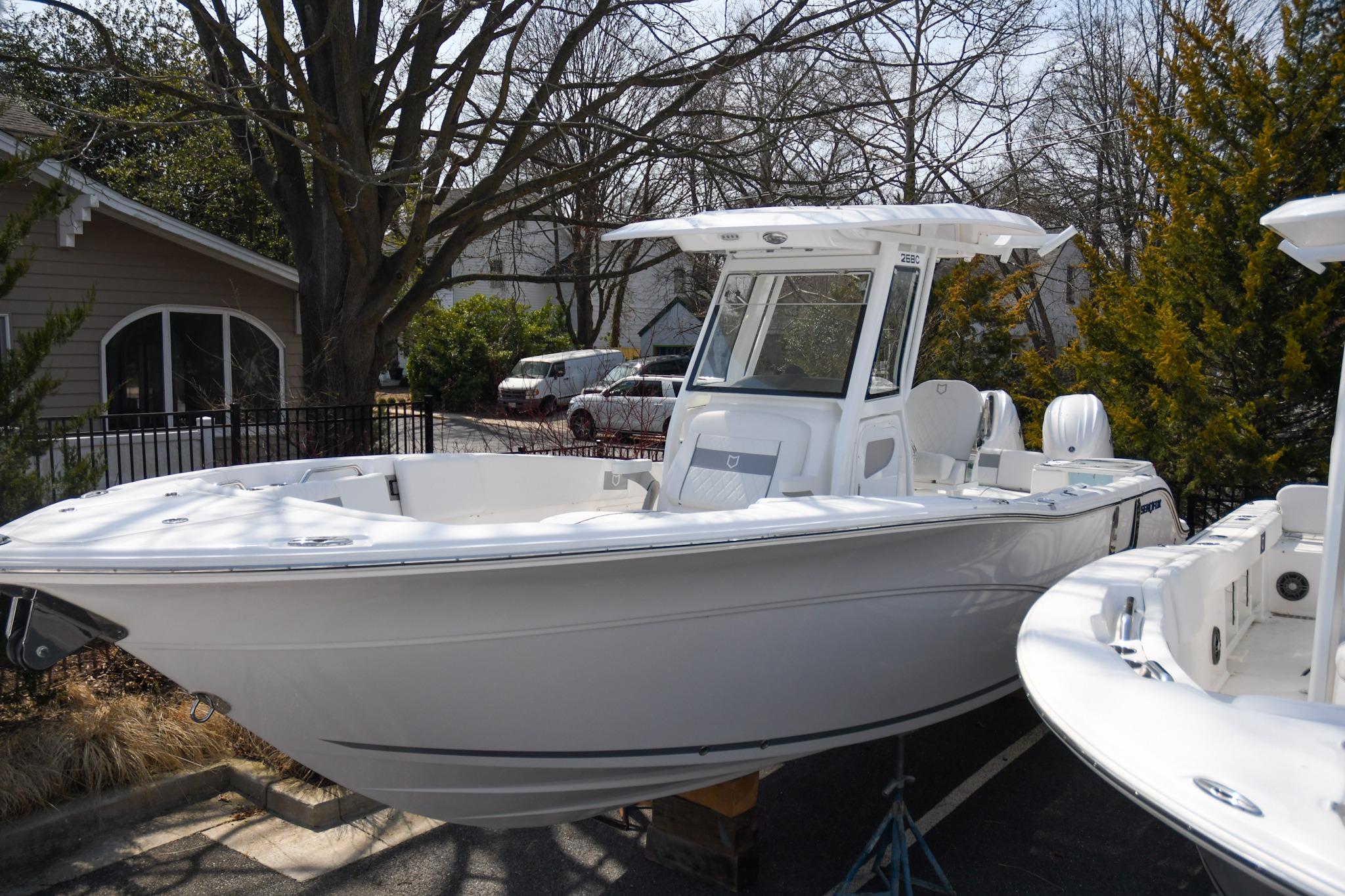 2026 Sea Fox 268 Commander boat displayed outdoors, showcasing sleek design and modern features.