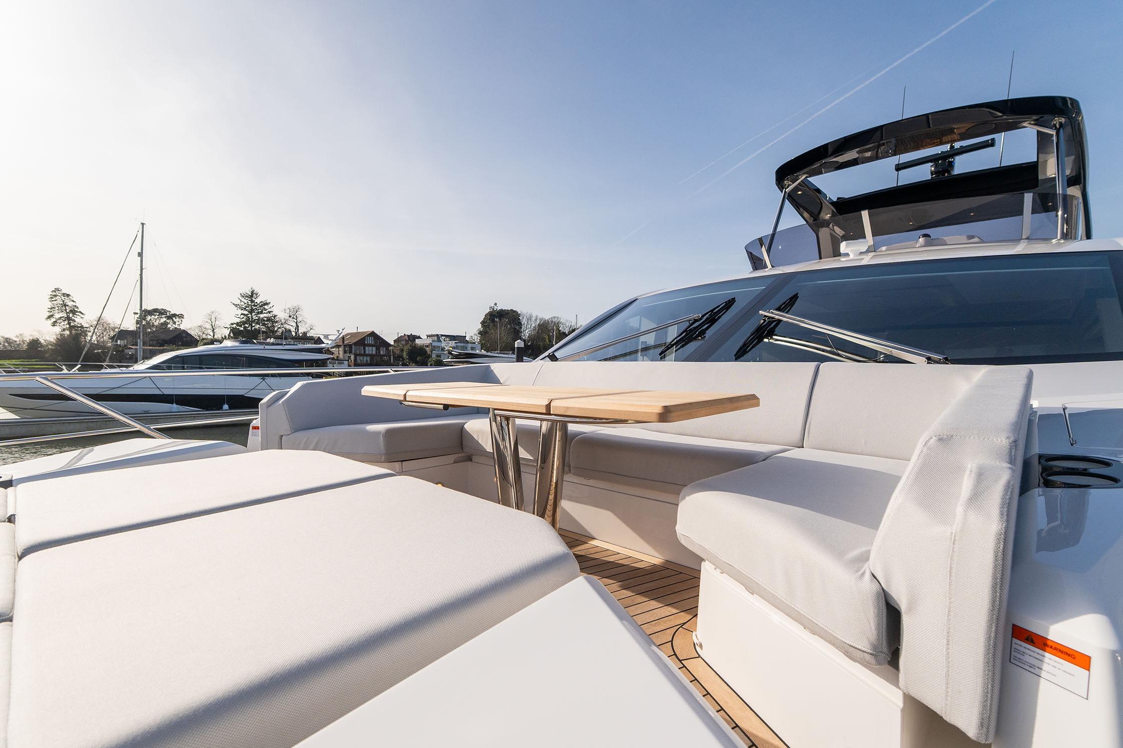 Luxurious Sunseeker Manhattan 68 yacht deck with seating, 2026 model.