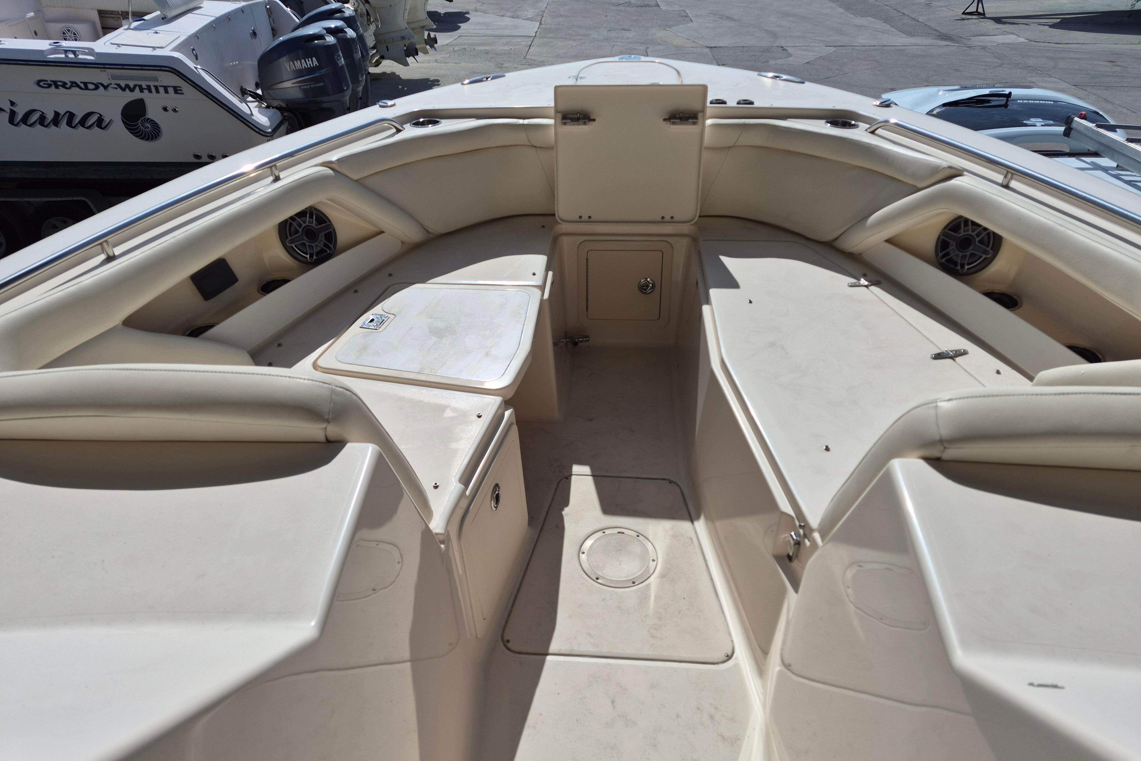 2019 Grady-White Freedom 335 boat interior with spacious seating and storage compartments.
