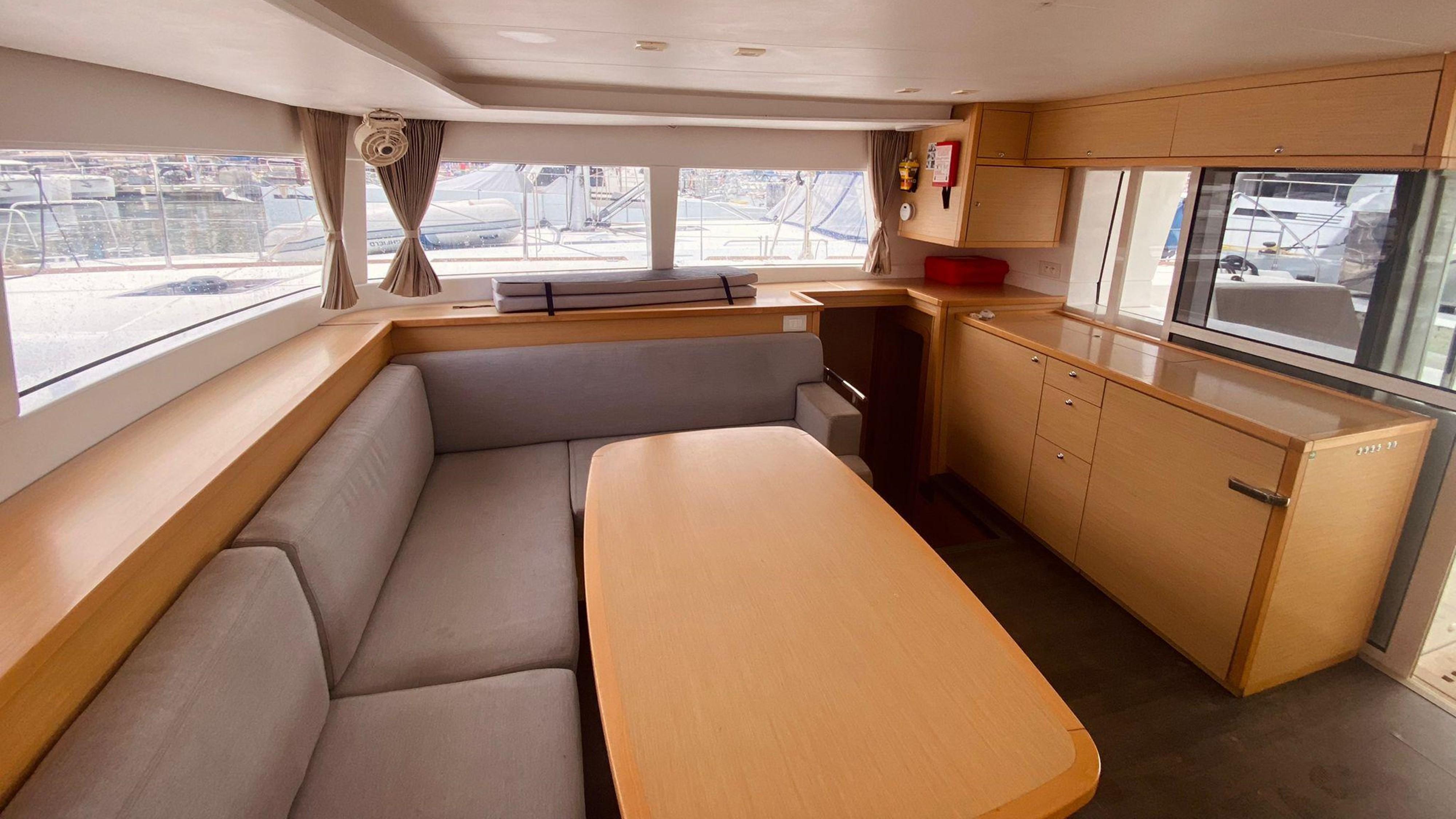 Interior of 2017 Lagoon 450 F catamaran with spacious seating and modern design.