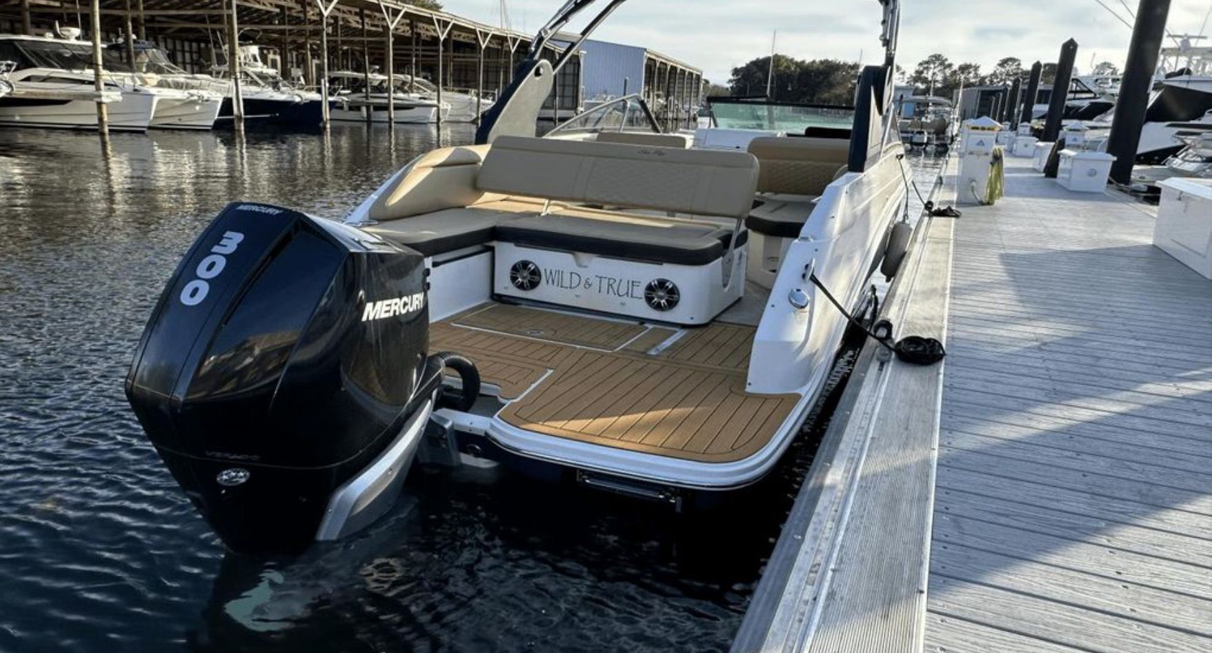 2020 Sea Ray SDX 250 Outboard docked at marina.