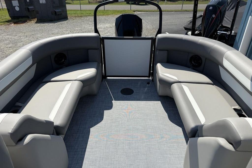 2026 Premier 220 Sunscape RF pontoon boat interior with gray seating and open deck.