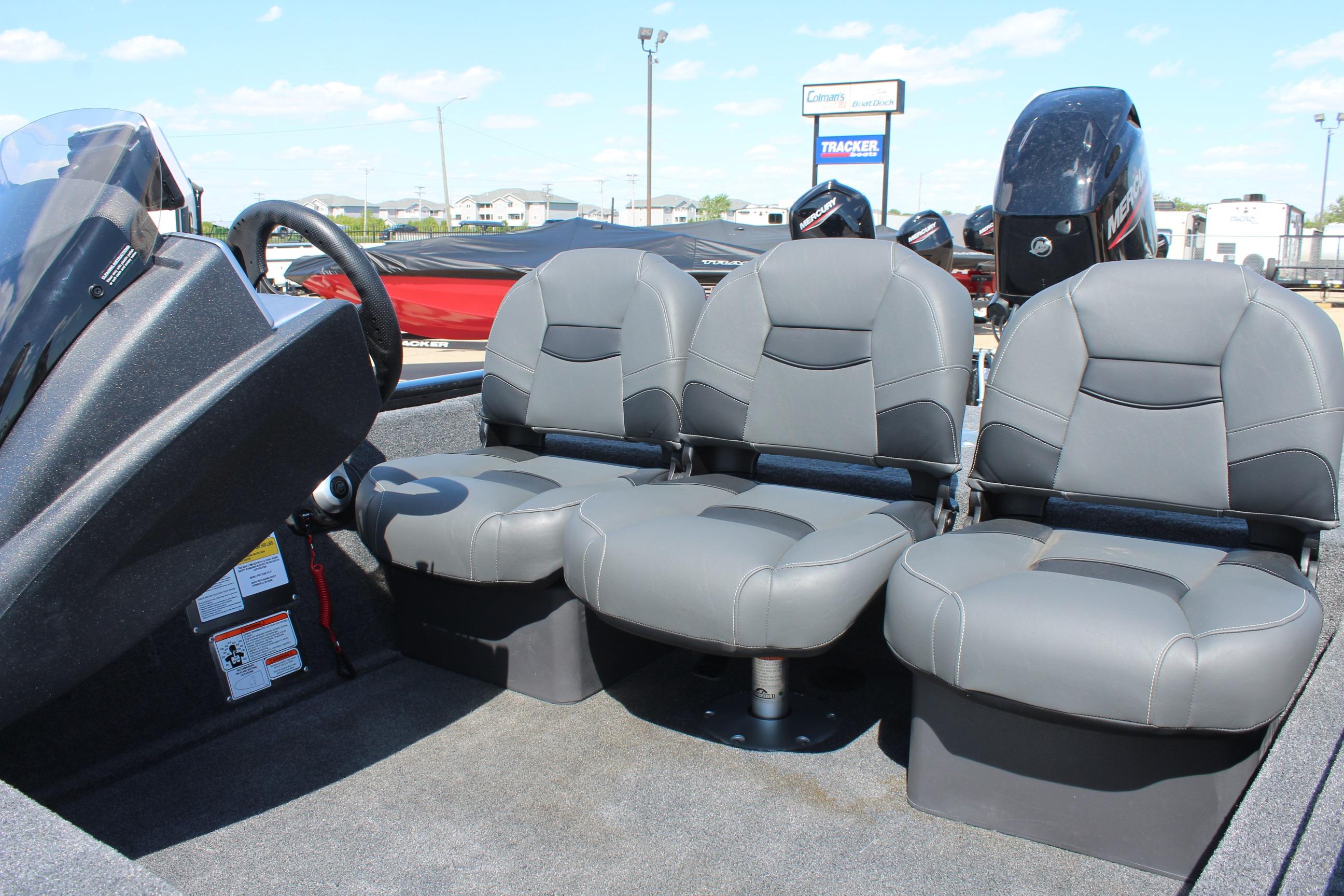 2026 Tracker Pro Team 175 Crappie Edition boat interior with three gray seats.