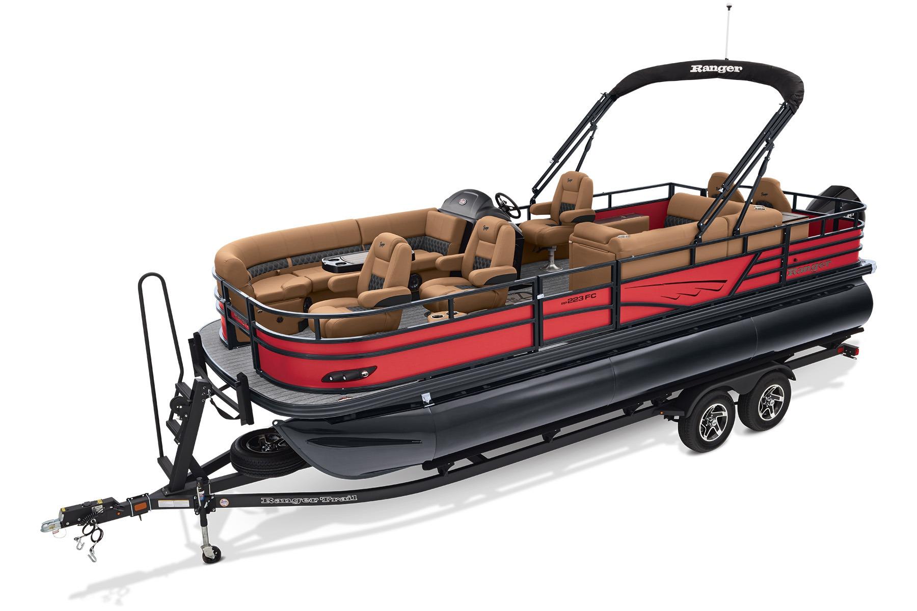 2026 Ranger 223FC pontoon boat with red and black design on a trailer.