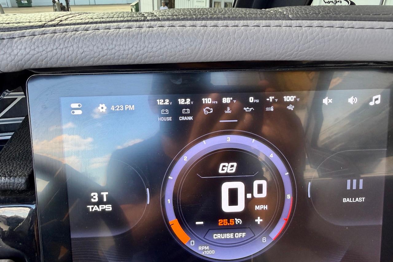 Dashboard of a 2025 Tigé Ultré 25ZX boat displaying speed and system information.