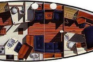 1994 Island Packet 44 Cutter interior layout with cabins, galley, and seating areas.